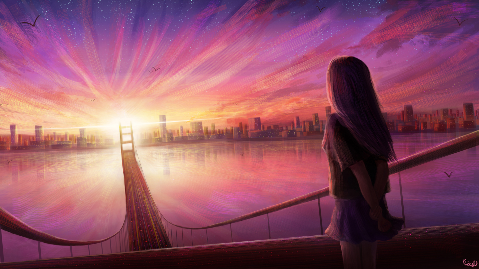 女孩 渴望 城市 桥 夕阳 唯美动漫风景壁纸