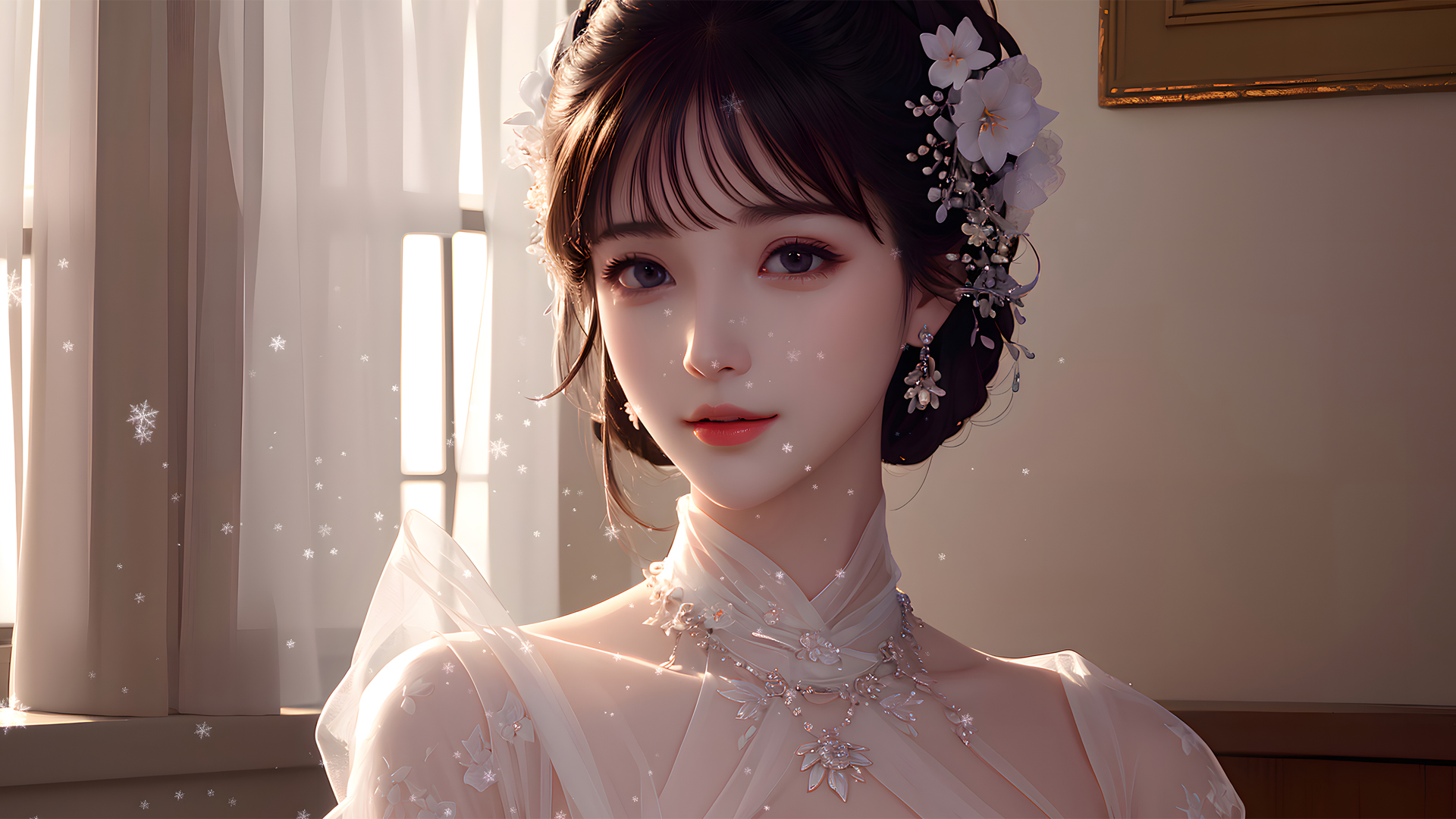 AI绘画，绝美新娘头饰，白色婚纱裙动漫壁纸，高清免费下载！