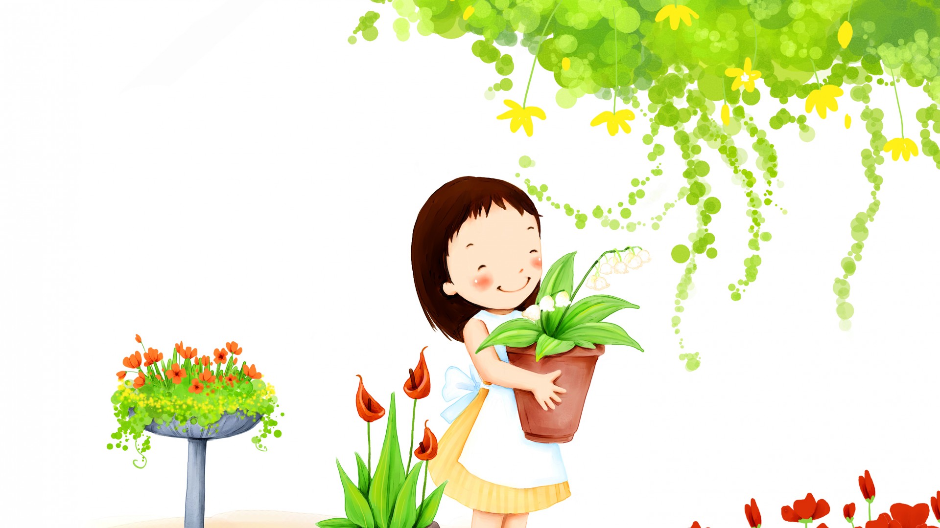 女孩微笑迎六一，树叶花朵伴你行，免费可爱儿童节电脑壁纸下载