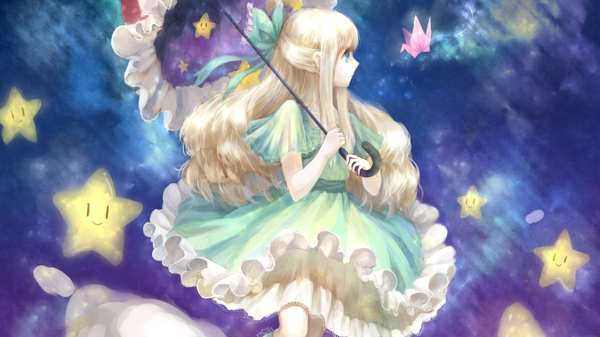 可爱动漫女孩壁纸，星星千纸鹤伴舞，漂亮裙子与伞共绘梦幻桌面