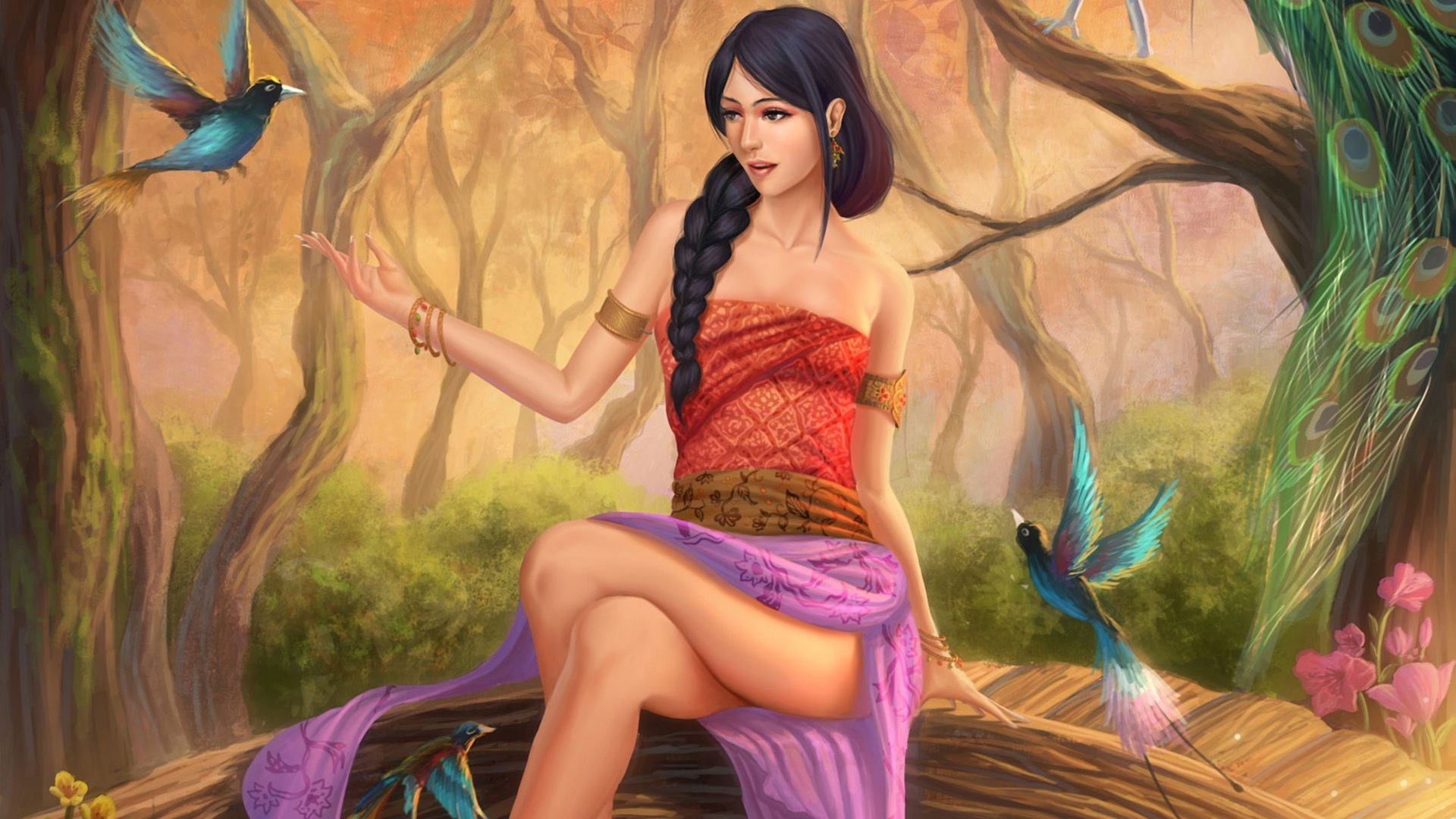 唯美森林壁纸，美女与树影相伴，鸟儿歌唱，免费电脑壁纸下载