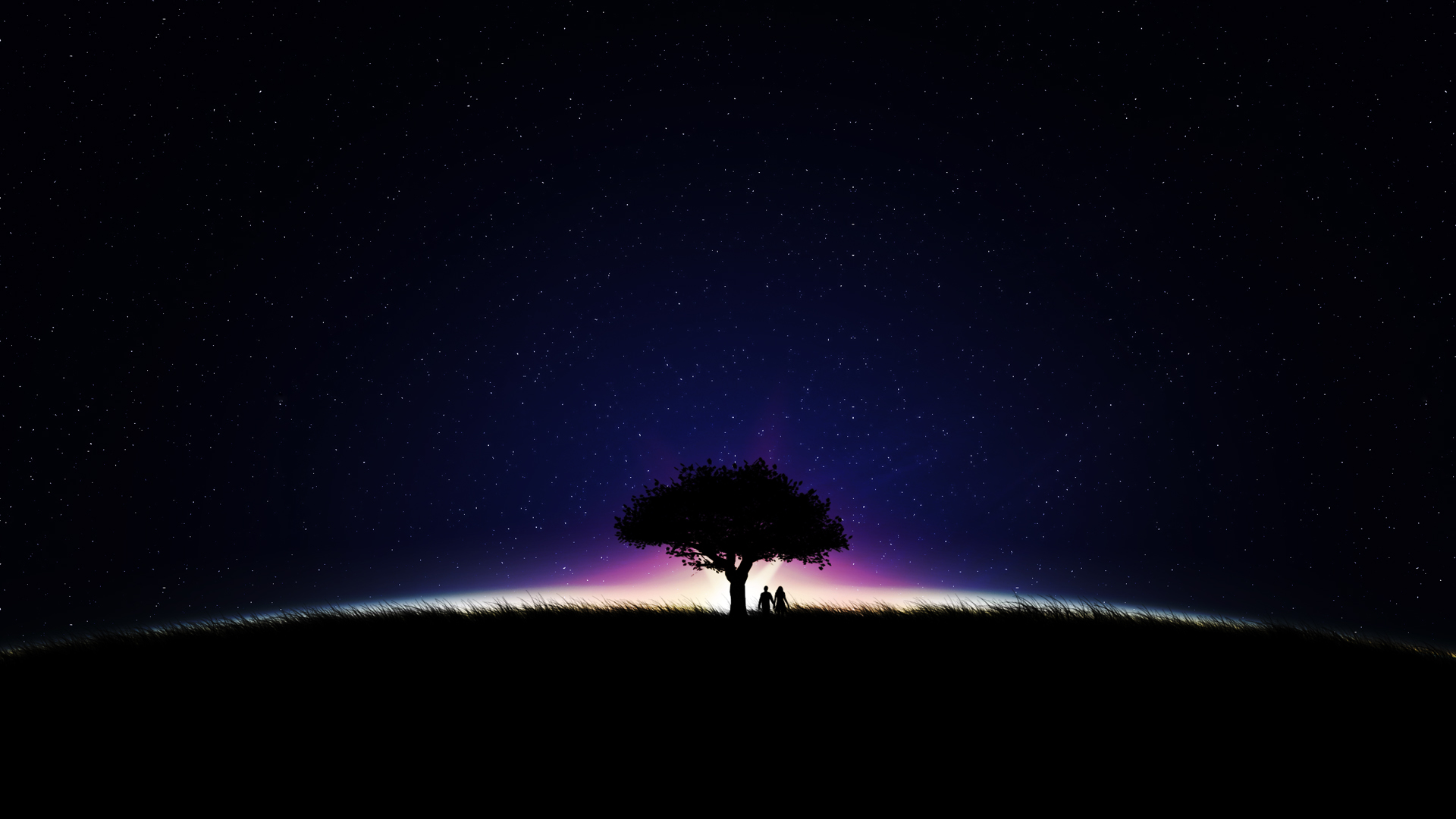 唯美星空树景，情侣牵手浪漫壁纸，免费下载电脑桌面背景