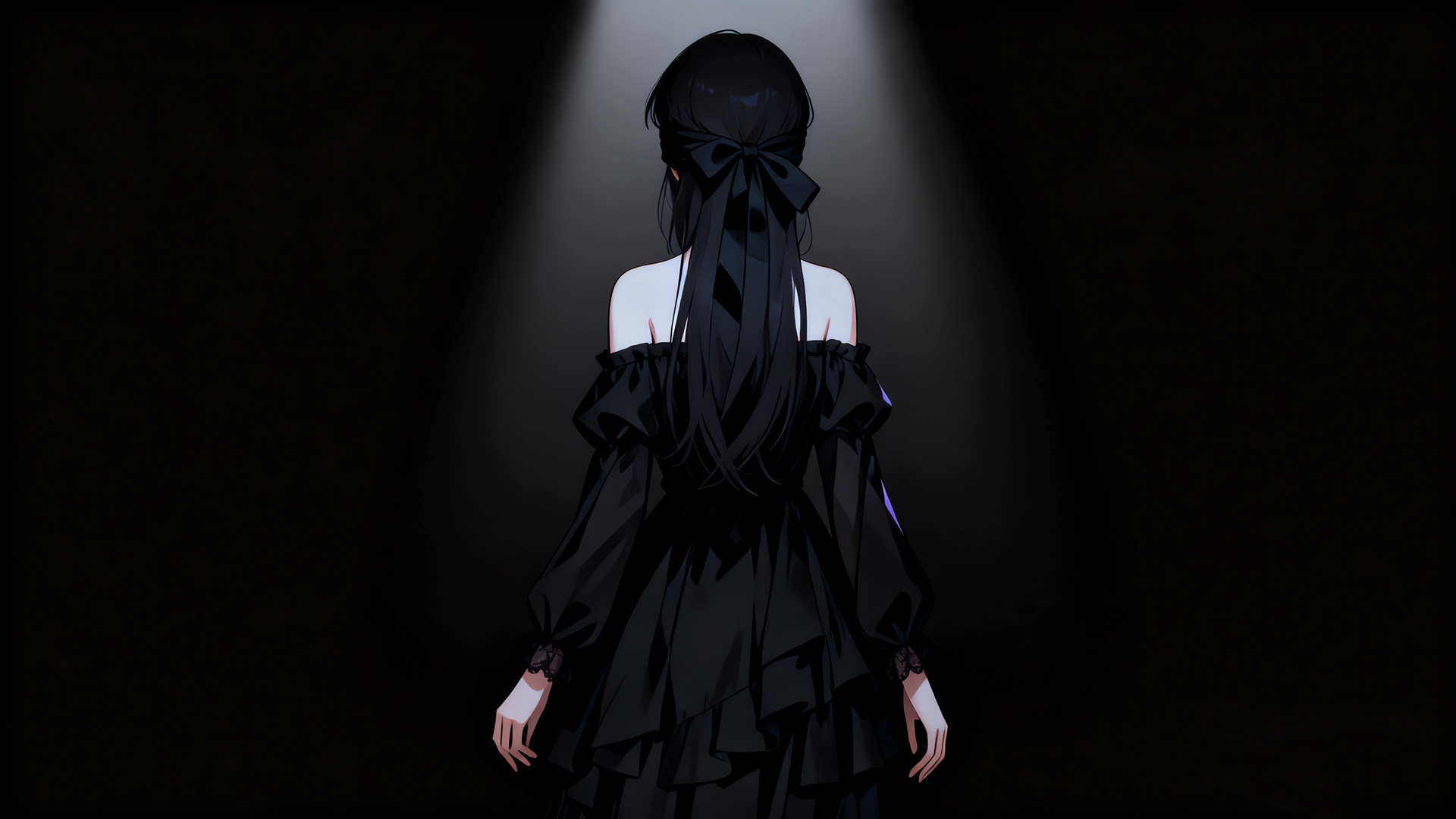 暗色光影下的蒙眼动漫美女背影，免费黑色背景电脑壁纸下载