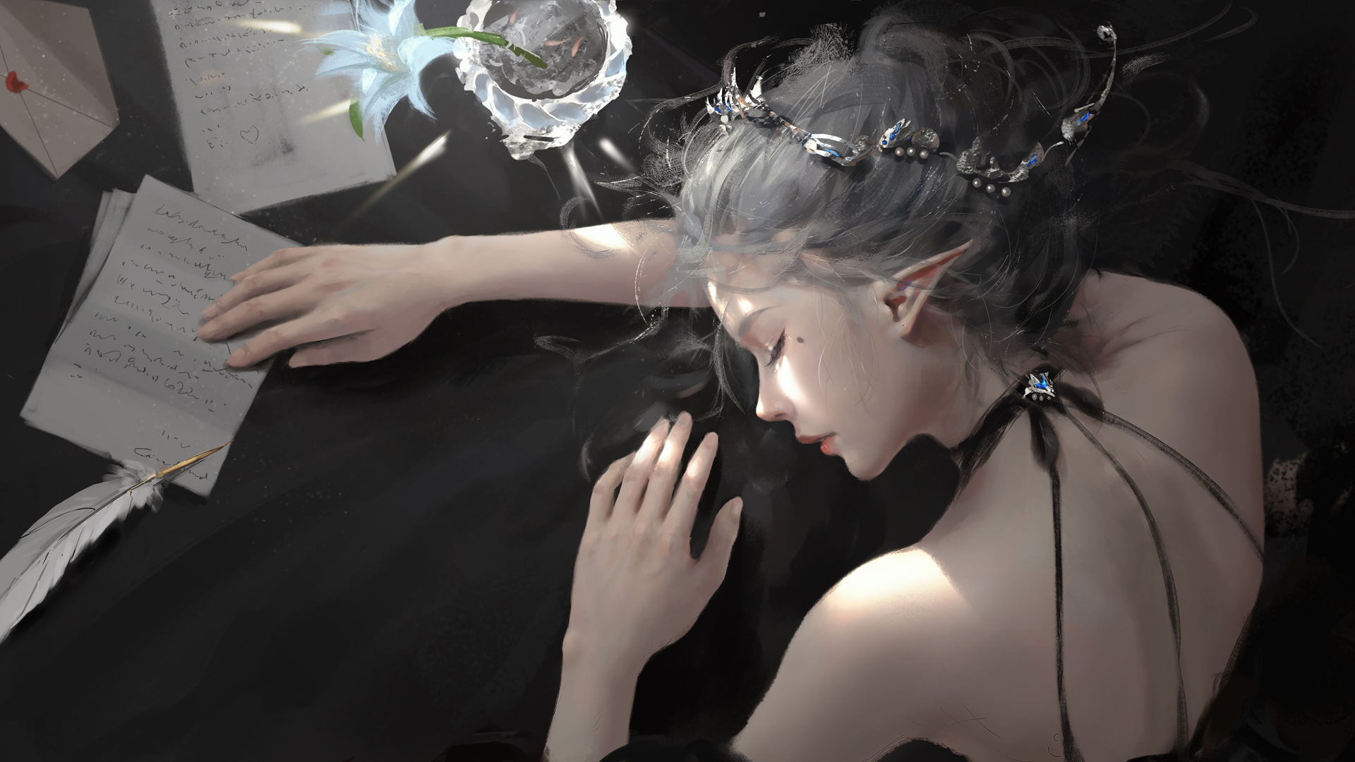 趴在桌上睡觉动漫女生美背唯美高清壁纸