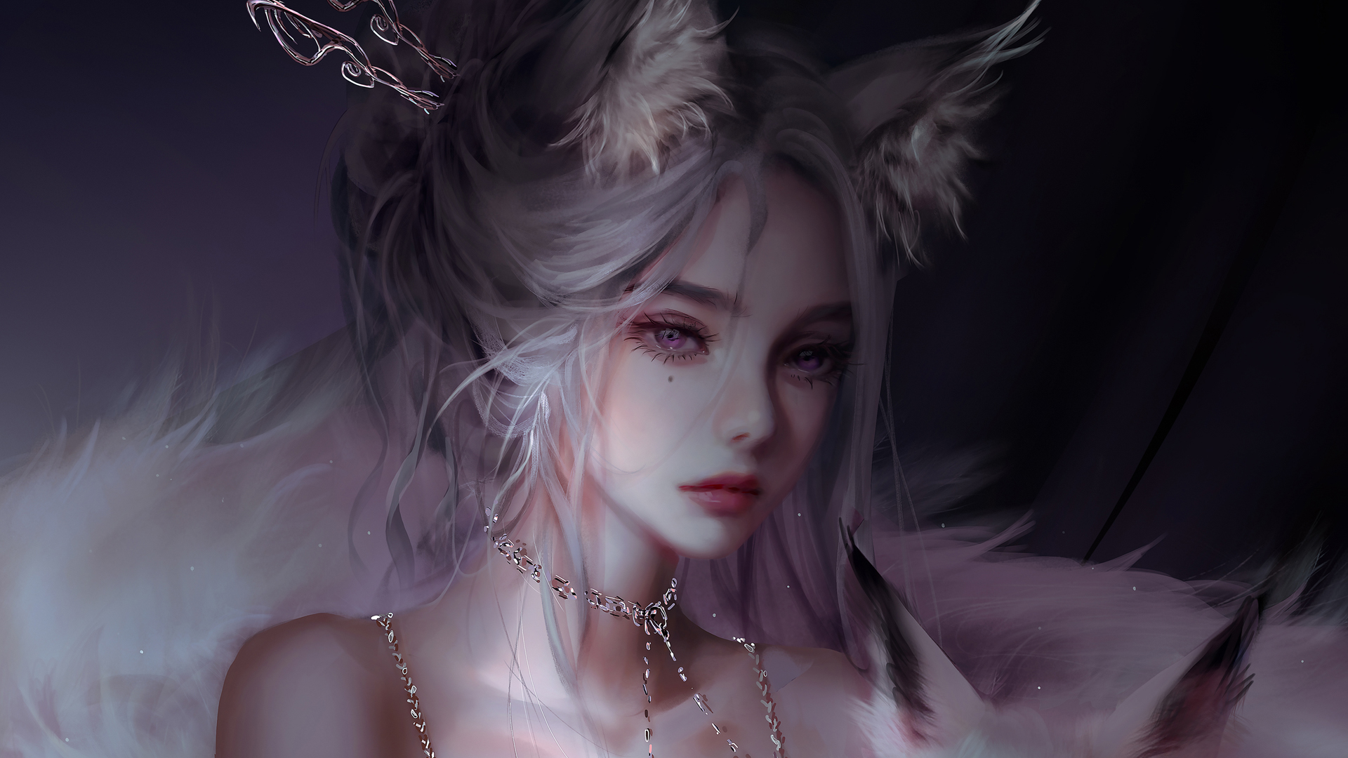 唯美兽耳女孩壁纸，紫色眼眸配项链，高清动漫风格，免费下载电脑壁纸