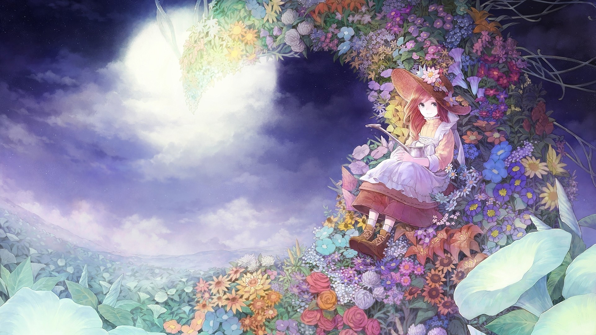 女孩与月夜的浪漫邂逅，可爱鲜花帽子动漫壁纸，免费下载装点你的电脑屏幕