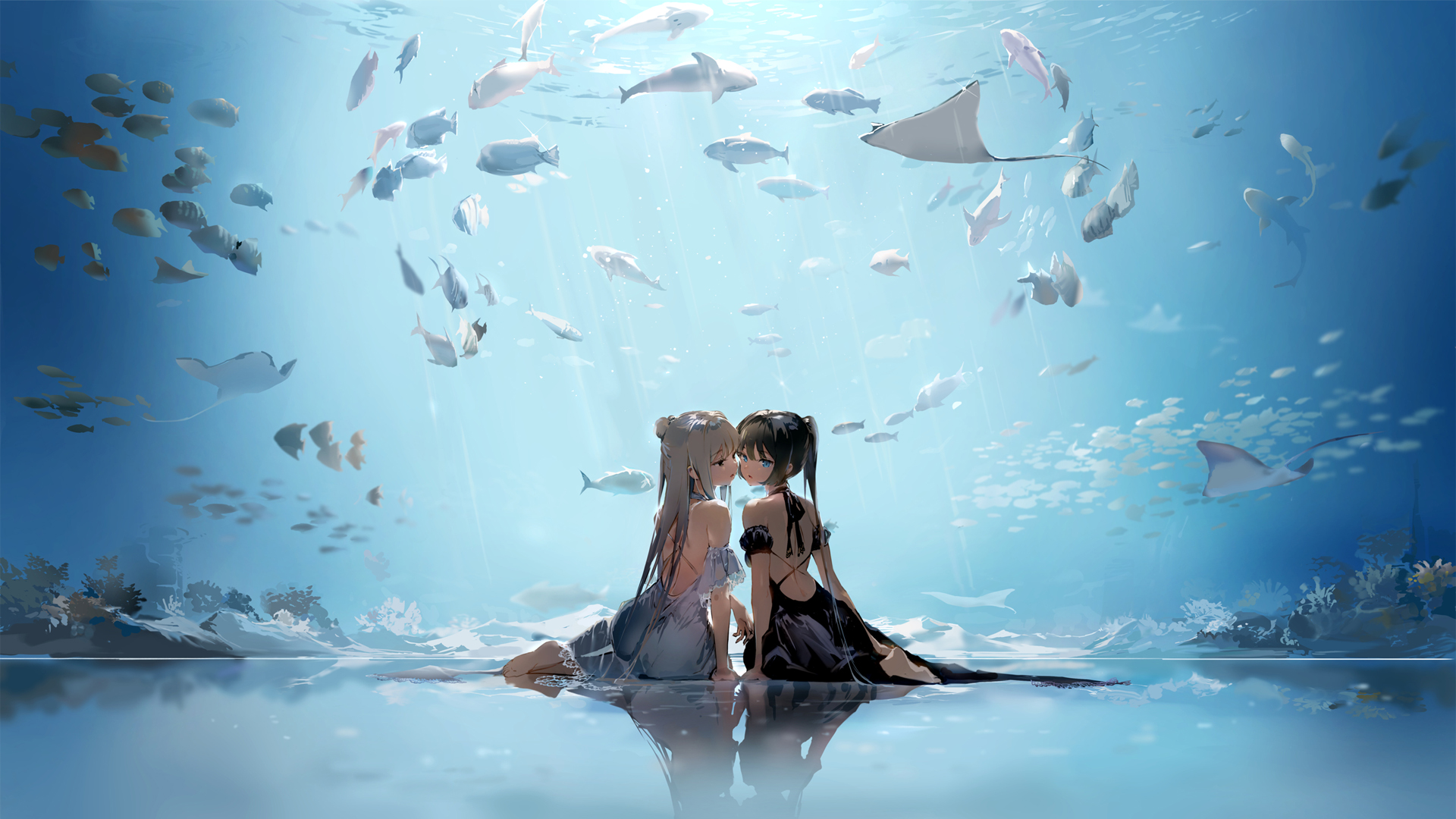 姐妹光腿素足畅游水族馆，唯美2K动漫壁纸，免费下载装点你的电脑桌面！