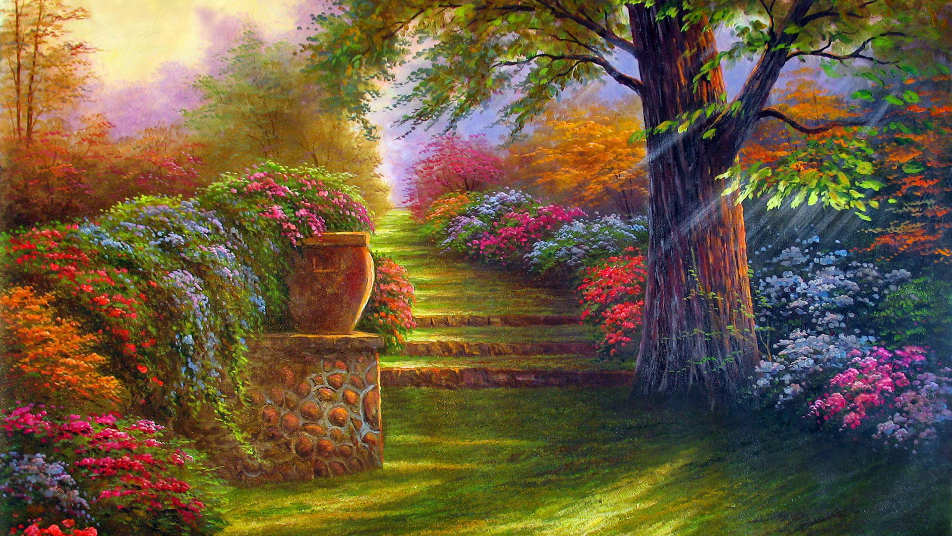 唯美,绘画,园林,花卉,小路风景桌面壁纸