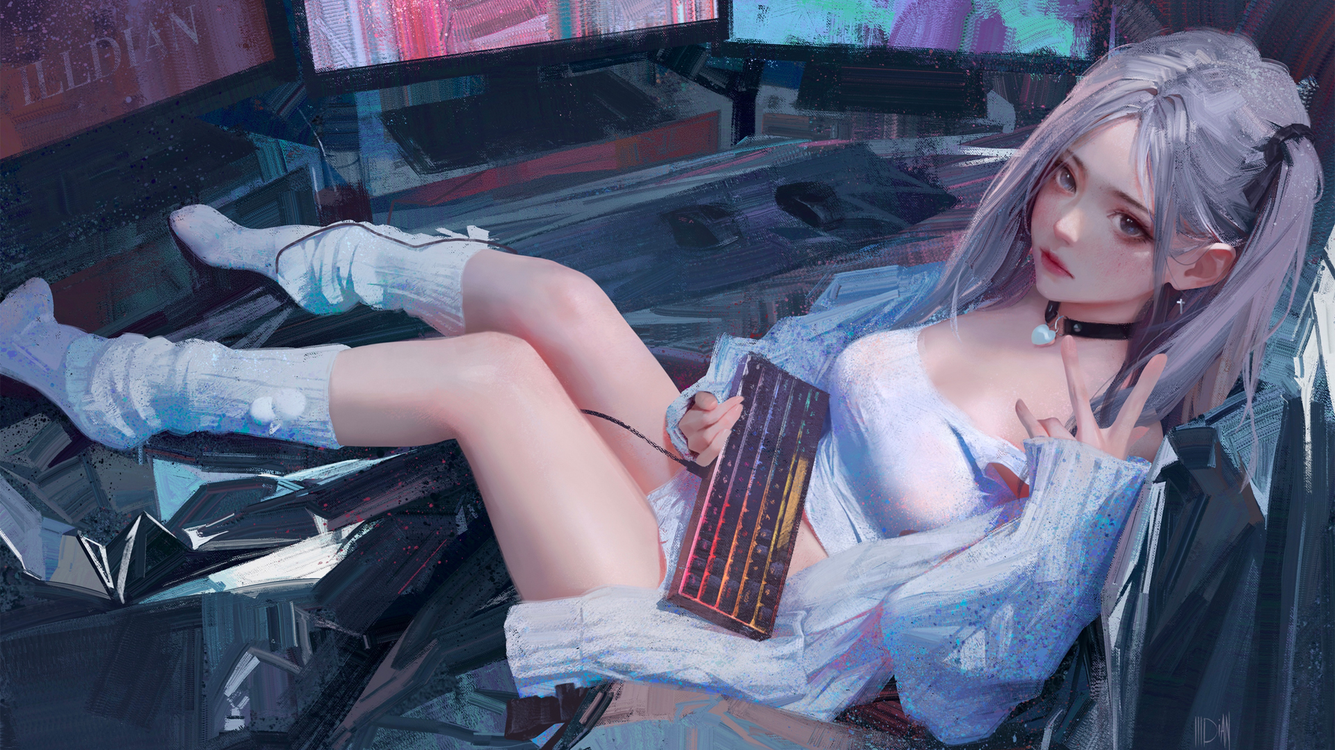 厚涂 动漫美女 电脑 键盘 高清桌面壁纸