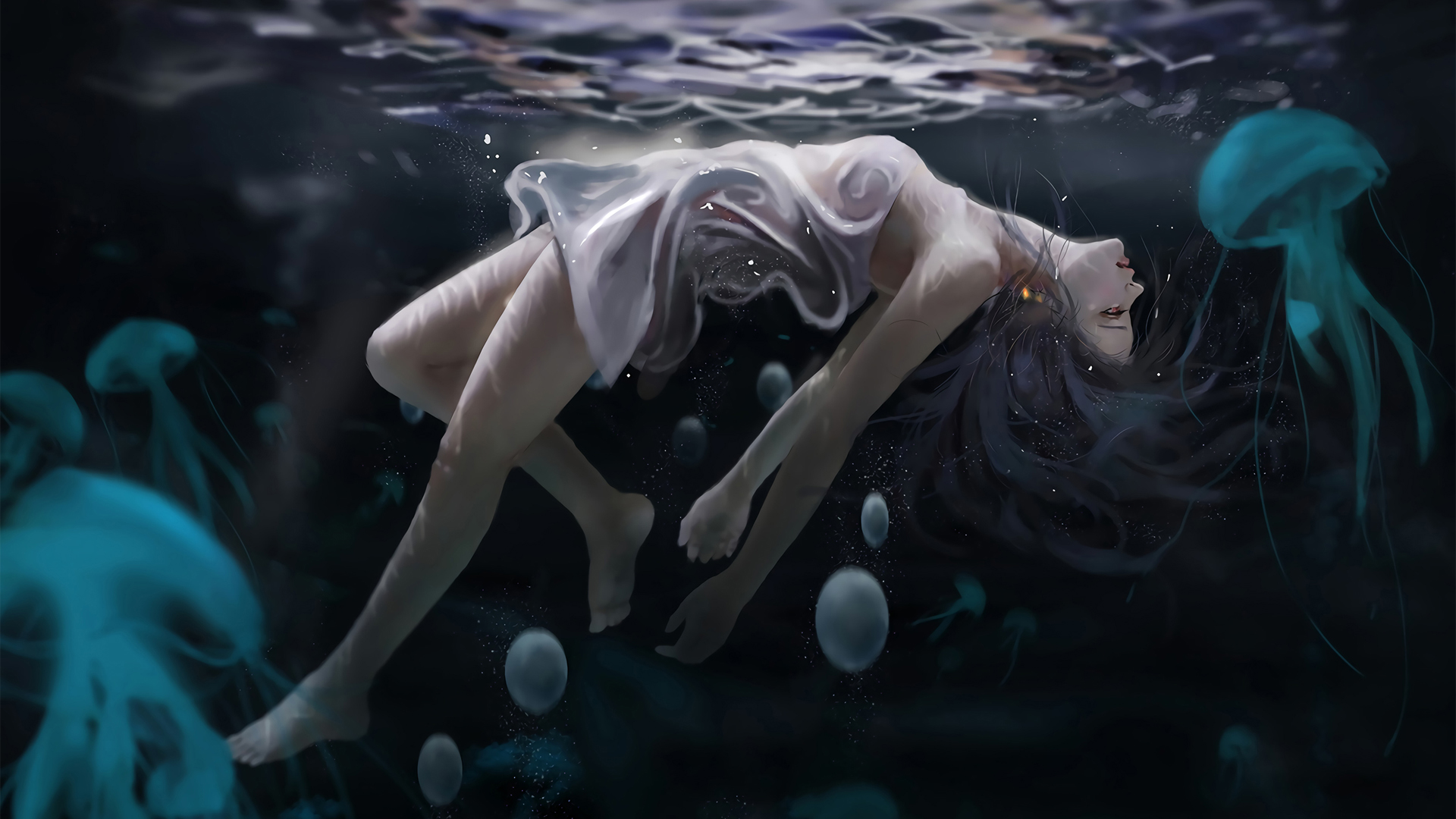 美女水母共舞海底，唯美动漫壁纸，免费下载装点你的电脑桌面