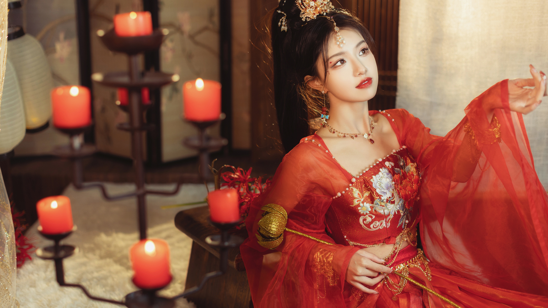 古风红裙新娘，绝美古装美女壁纸，免费电脑桌面背景下载