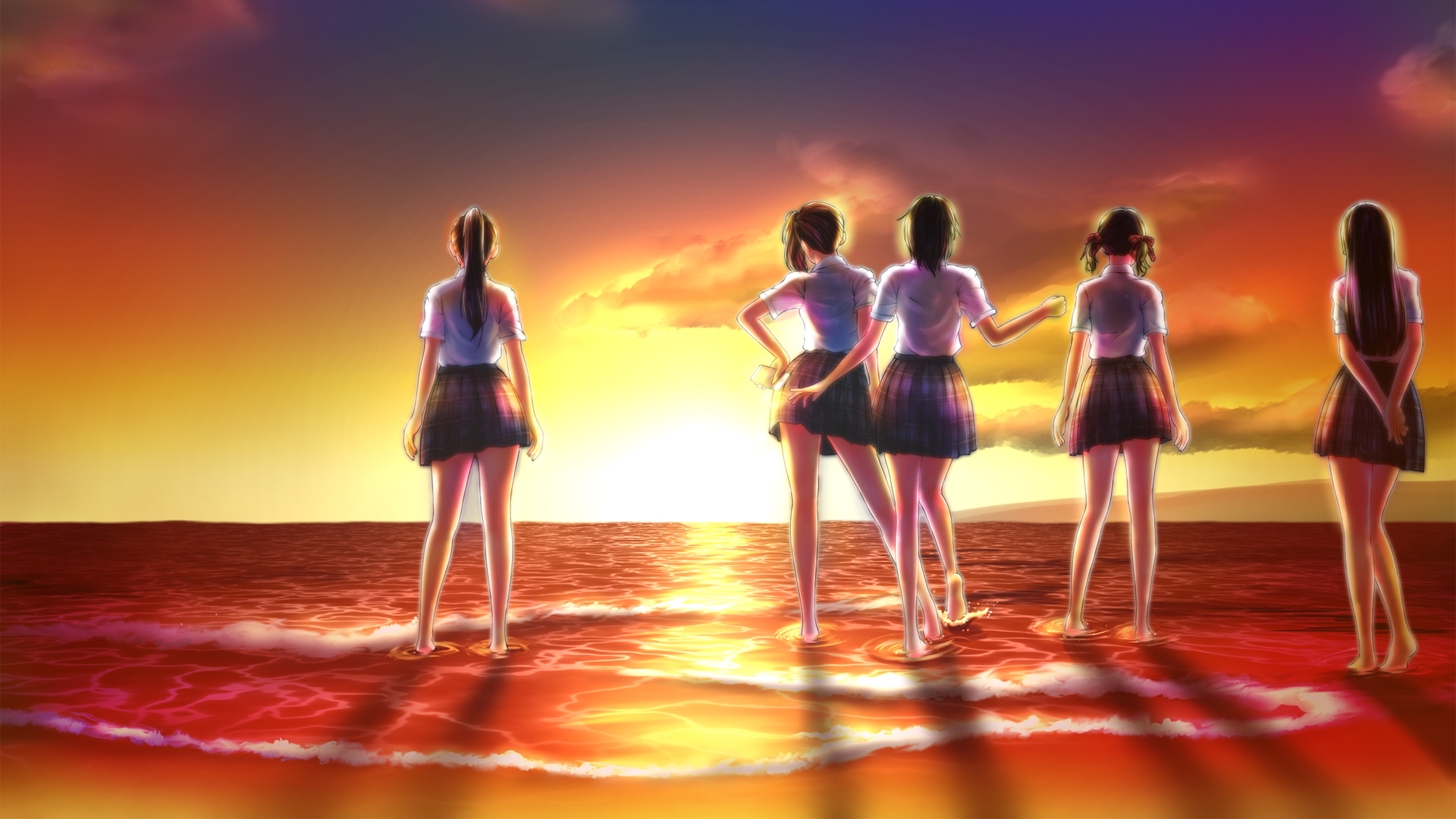 夏末的大海与夕阳 女子高中生制服黄昏壁纸