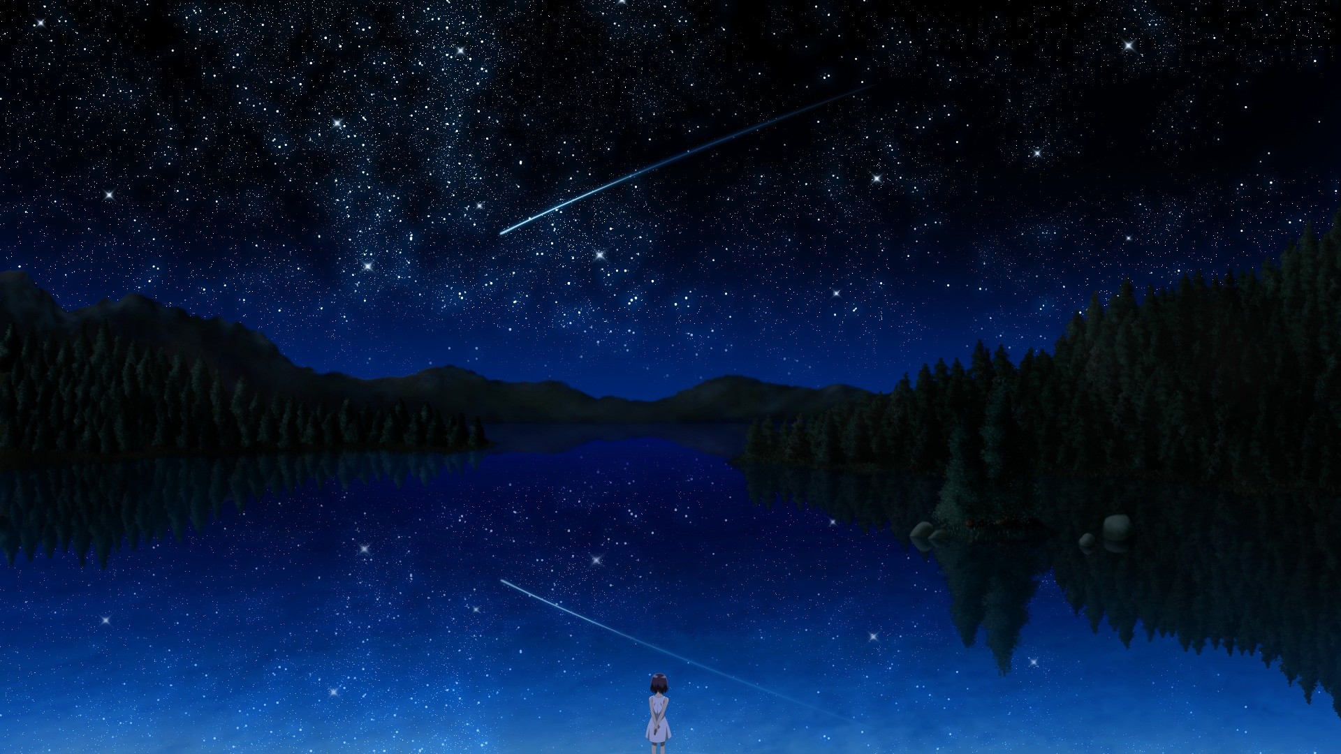 星空下的秘密森林，小女孩与湖景的梦幻动漫壁纸，免费下载！