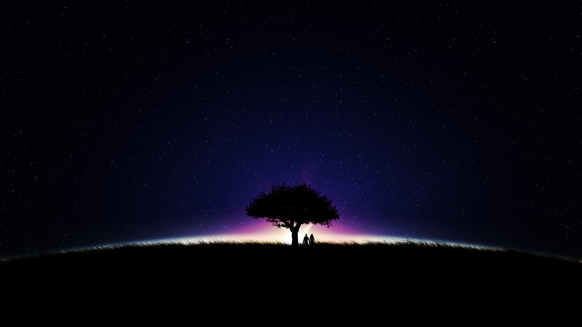 夜晚星空下，情侣牵手漫步林间，高清免费壁纸下载