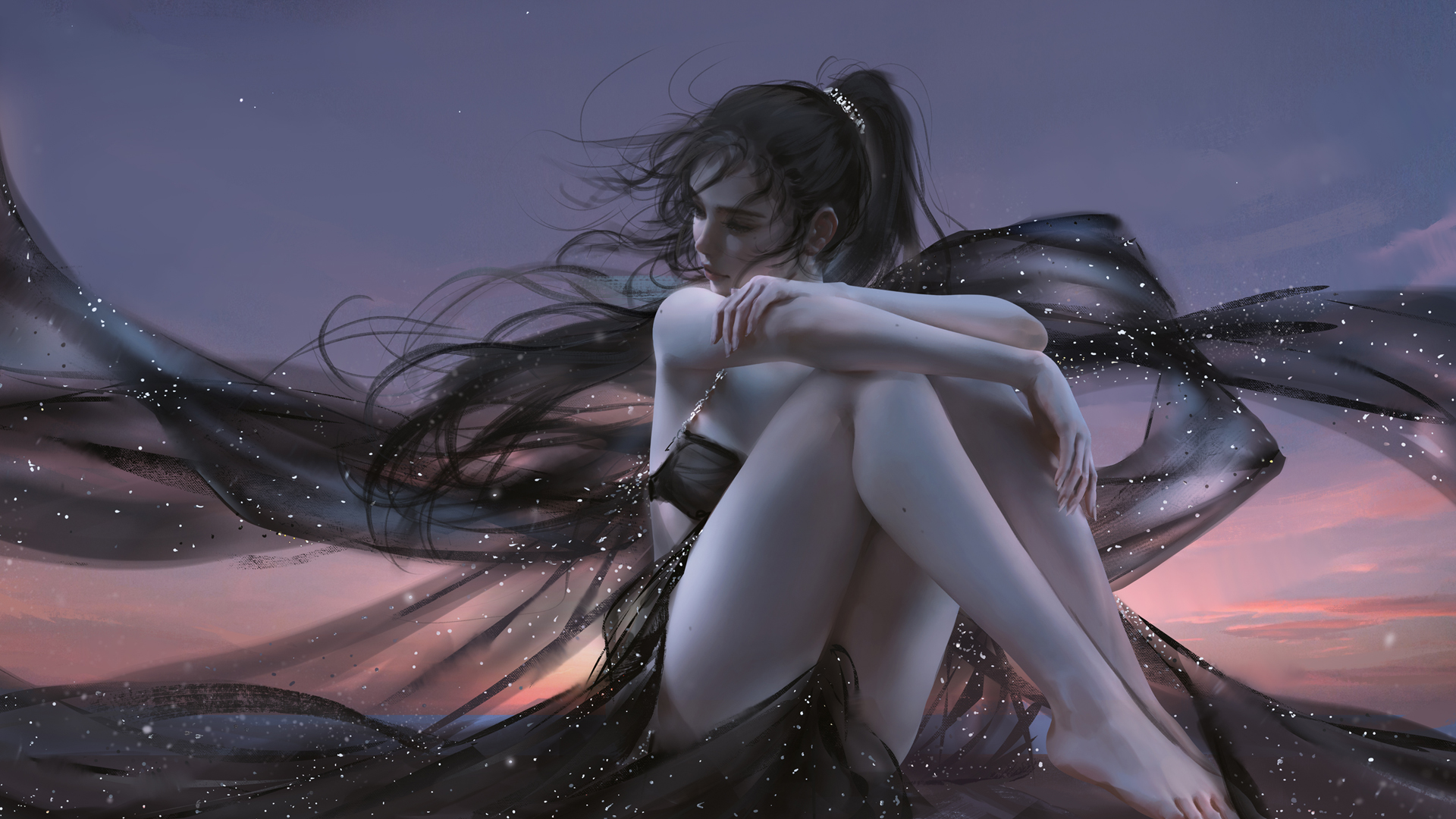 夜晚星空下，女孩身着黑色唯美长裙，惊艳厚涂动漫壁纸，免费下载！