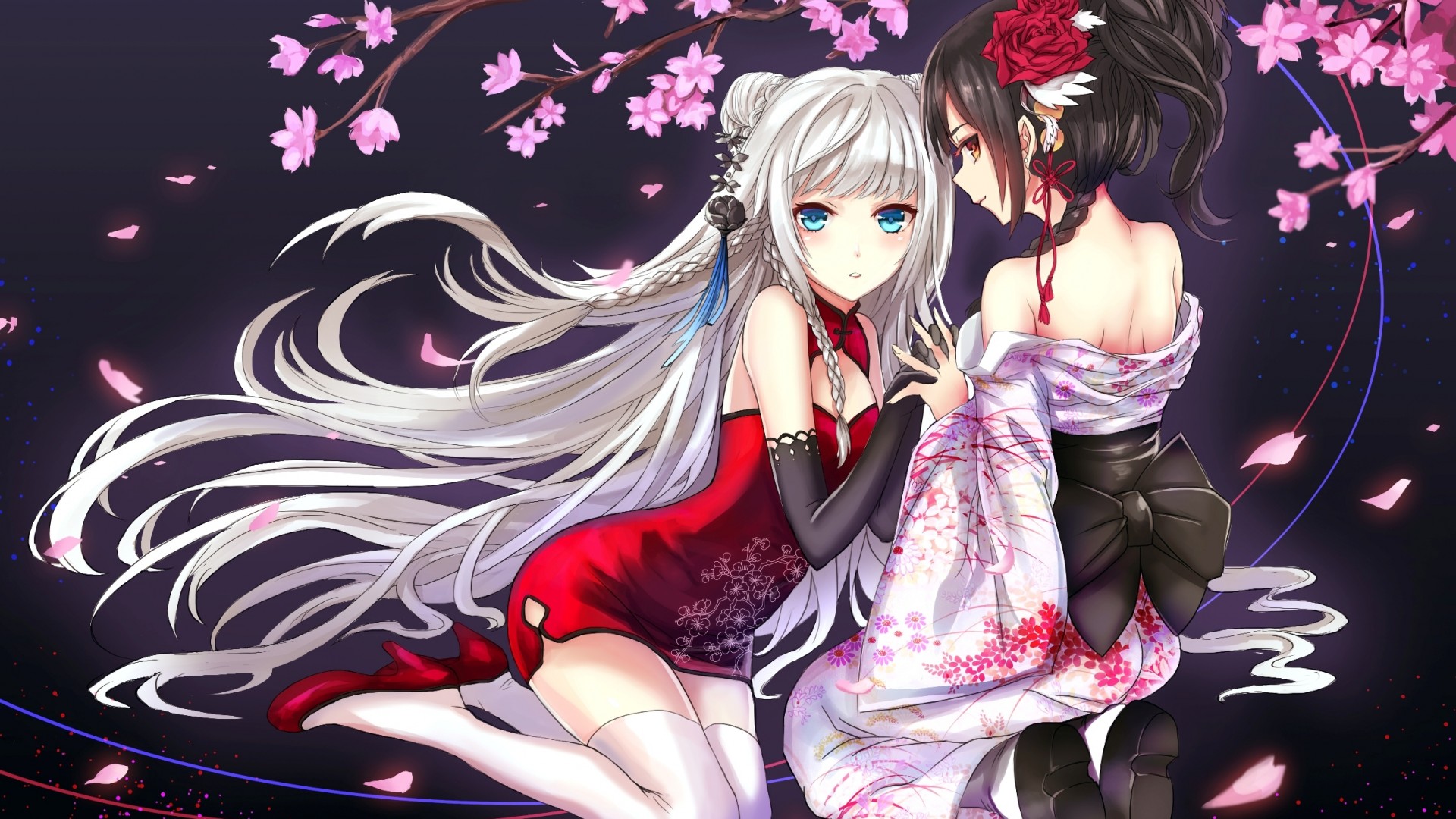樱花倩影，双生美少女和服裙装，精选动漫壁纸免费下载