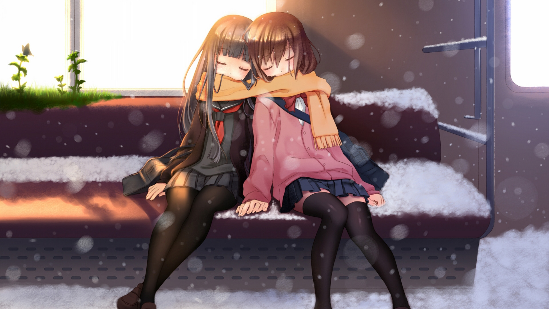 冬天，雪，女孩，两姐妹，围巾，椅子，动漫壁纸