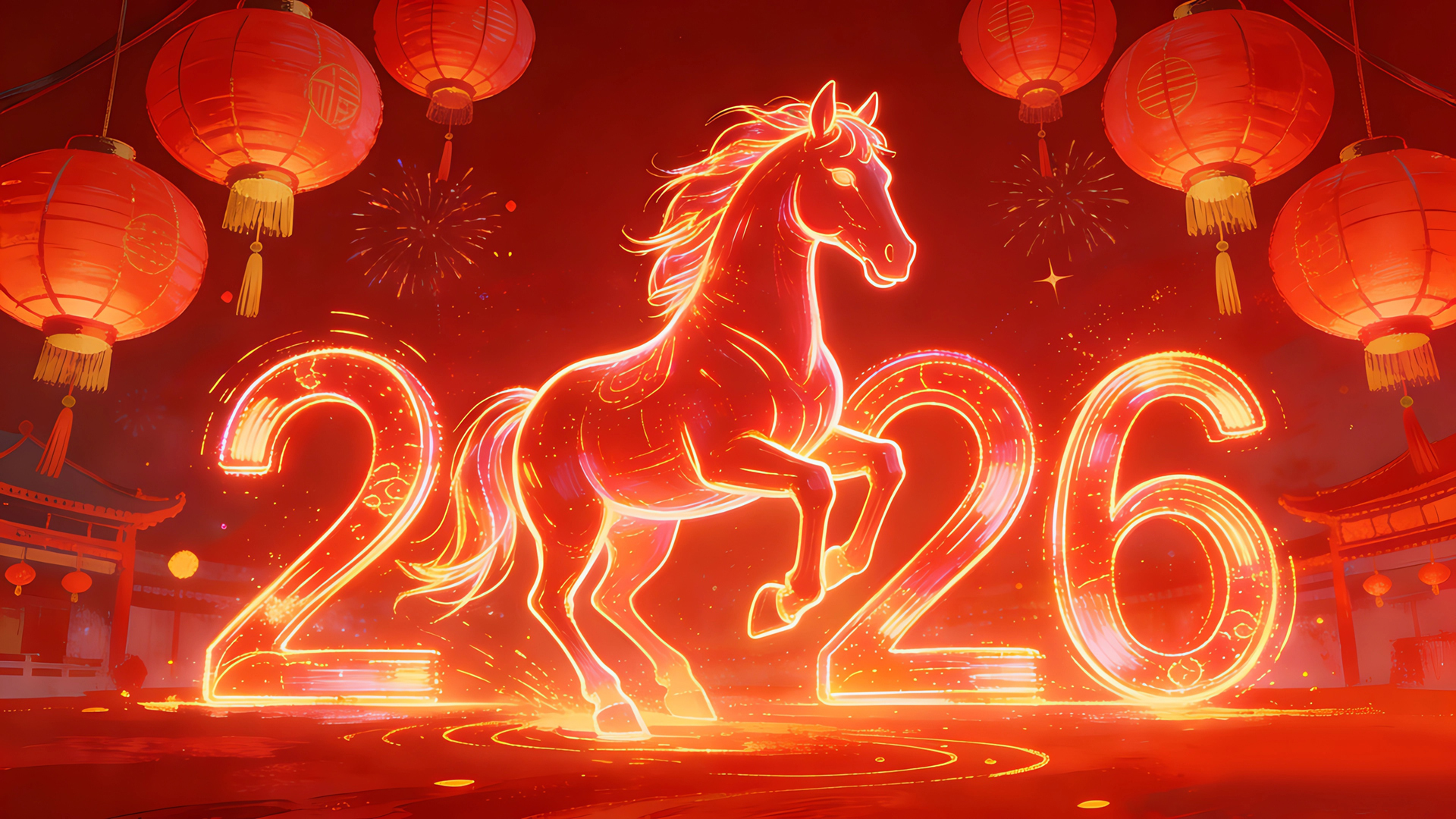 2026新年红色马主题灯笼烟花电脑节日壁纸免费下载