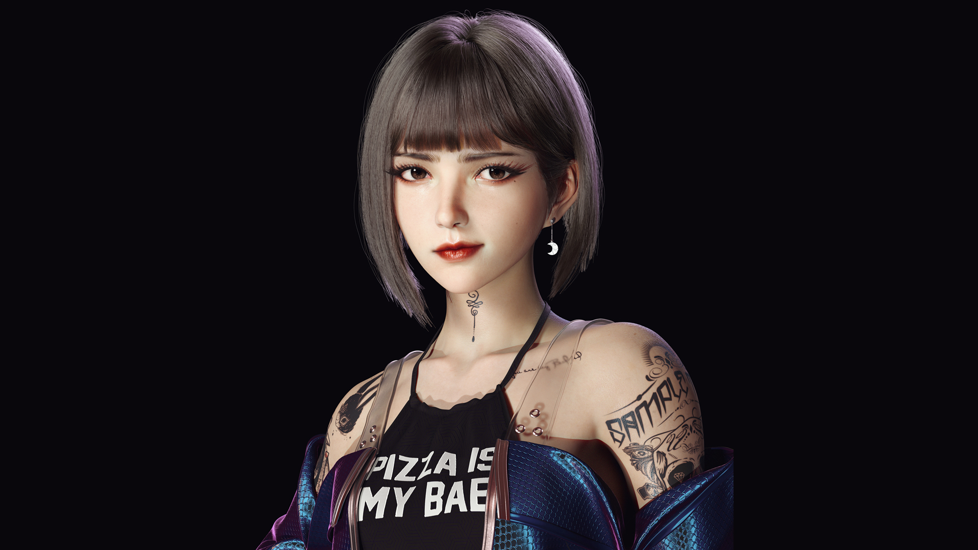 动漫风格短发美女吊带背心纹身壁纸 - 免费高清电脑壁纸下载
