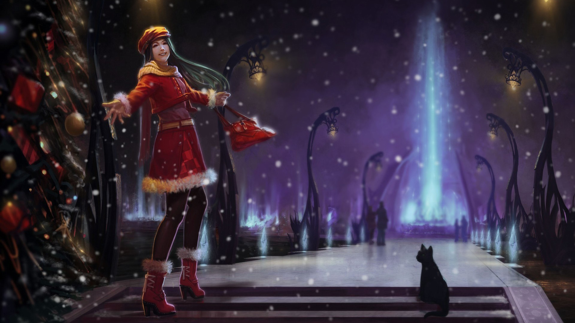 冬天雪夜，女孩与小黑猫共绘可爱画卷，免费桌面壁纸下载
