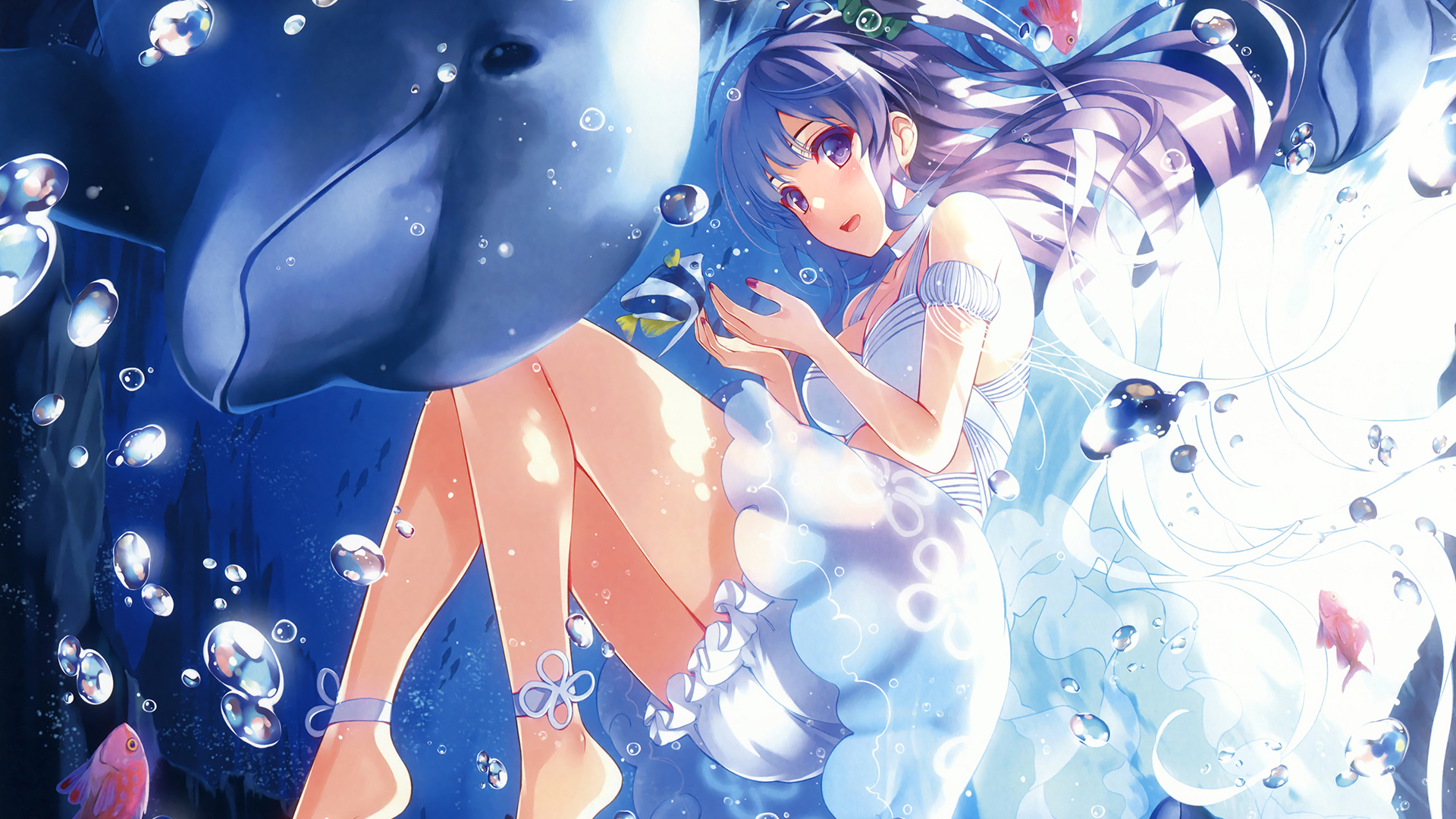 动漫少女海底奇遇，清新唯美海豚插画壁纸，免费下载享不停！