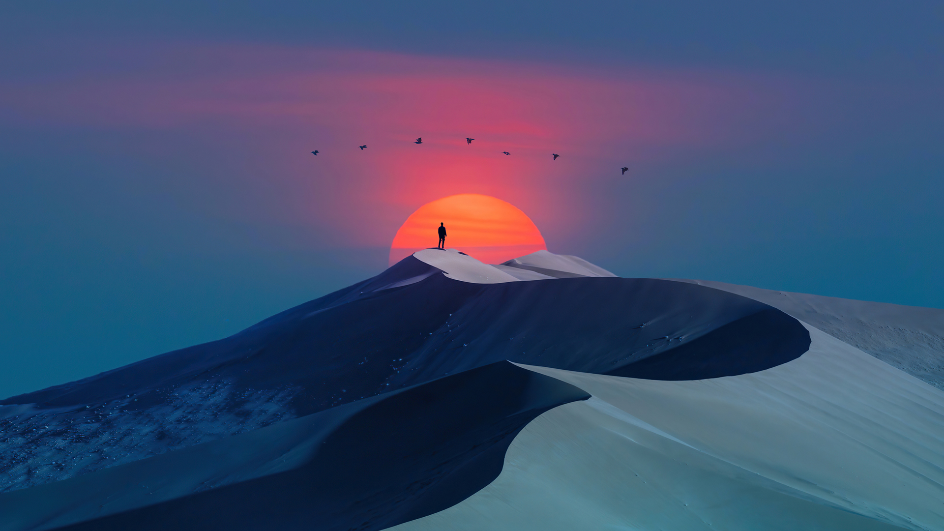 沙漠风景 日落 太阳 人 唯美风景壁纸