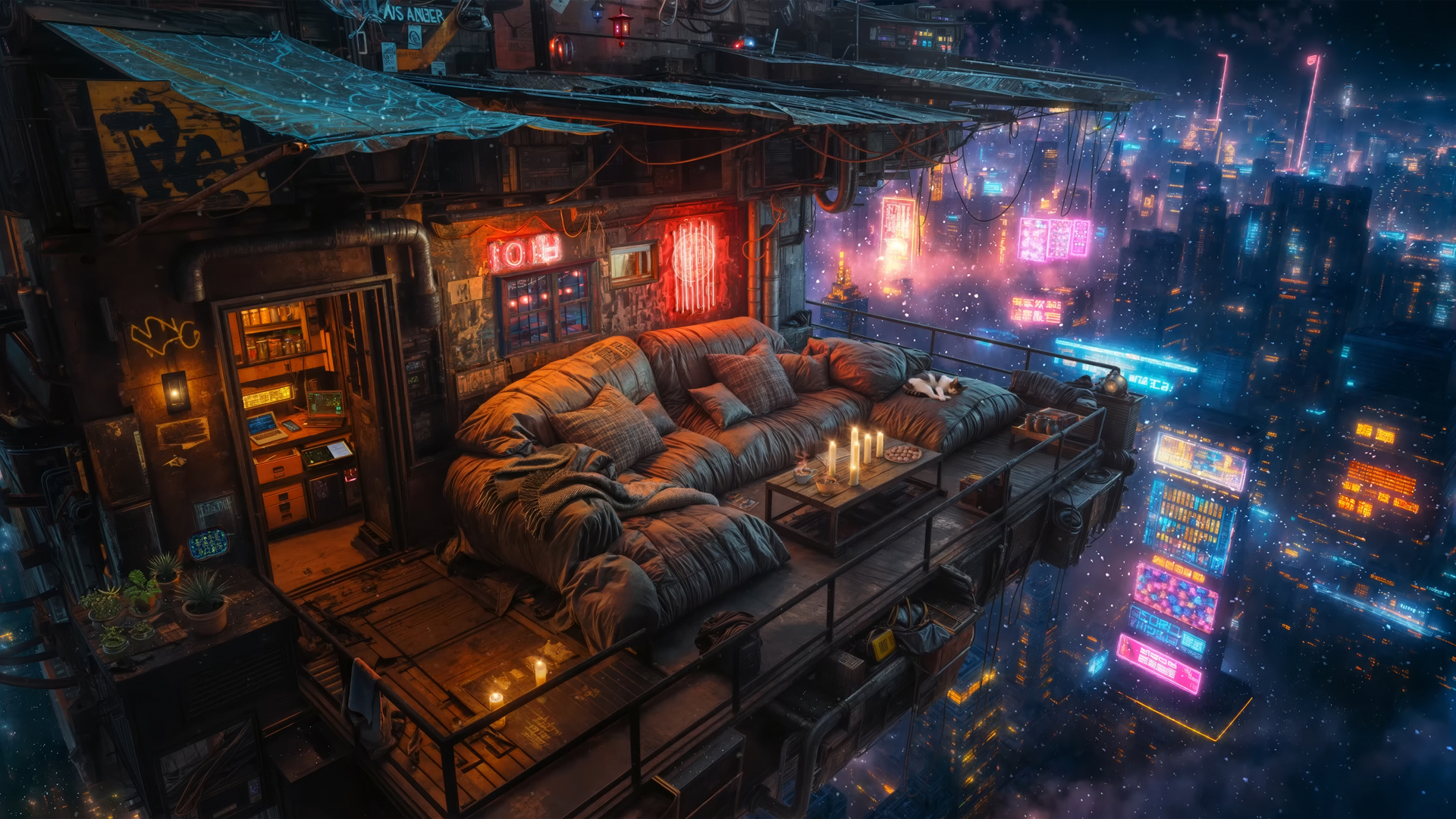 迷幻赛博朋克城市高层空中露台动漫电脑壁纸免费下载