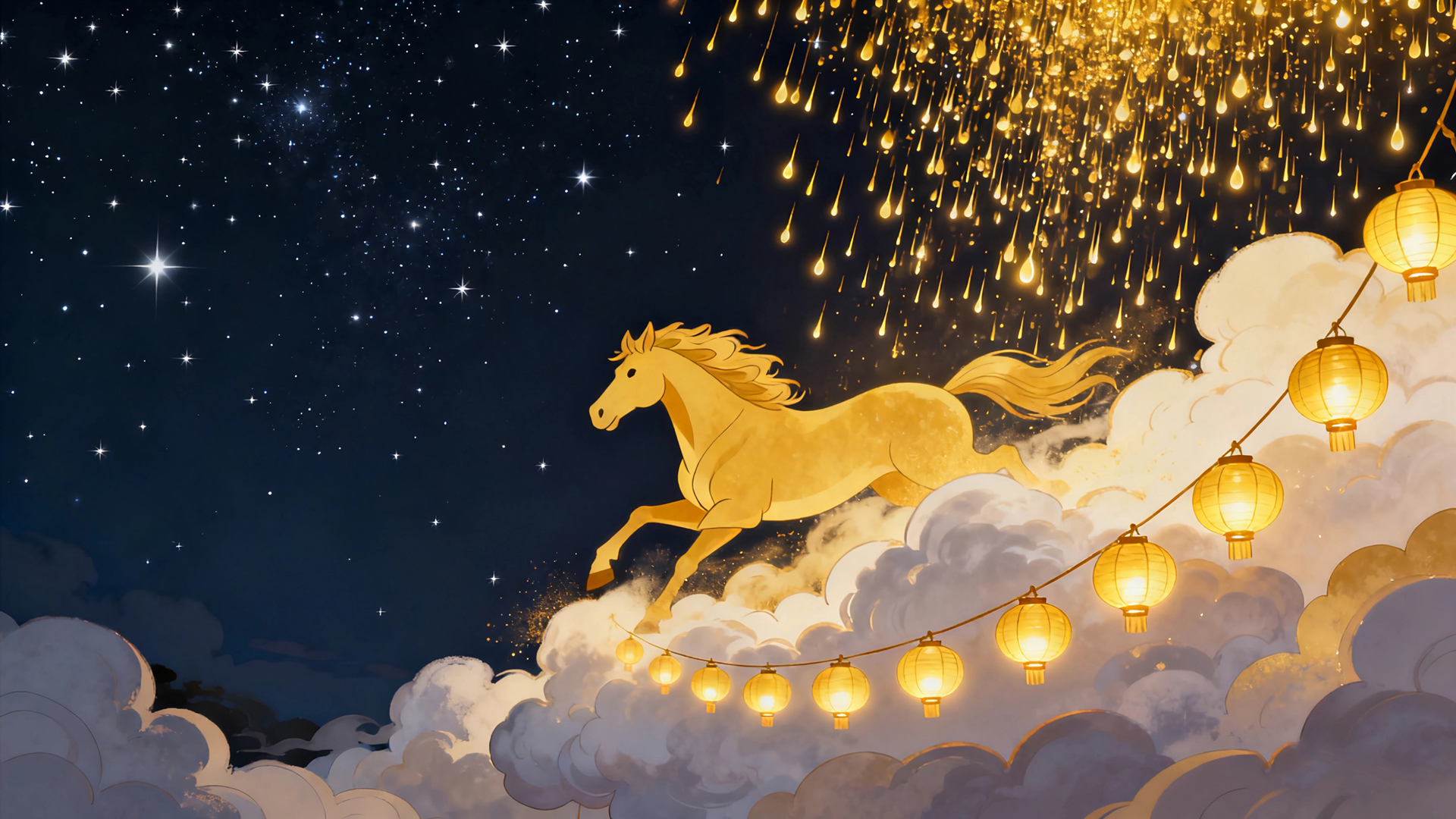 2026马年高清节日壁纸，星空云上骏马伴灯笼免费电脑下载