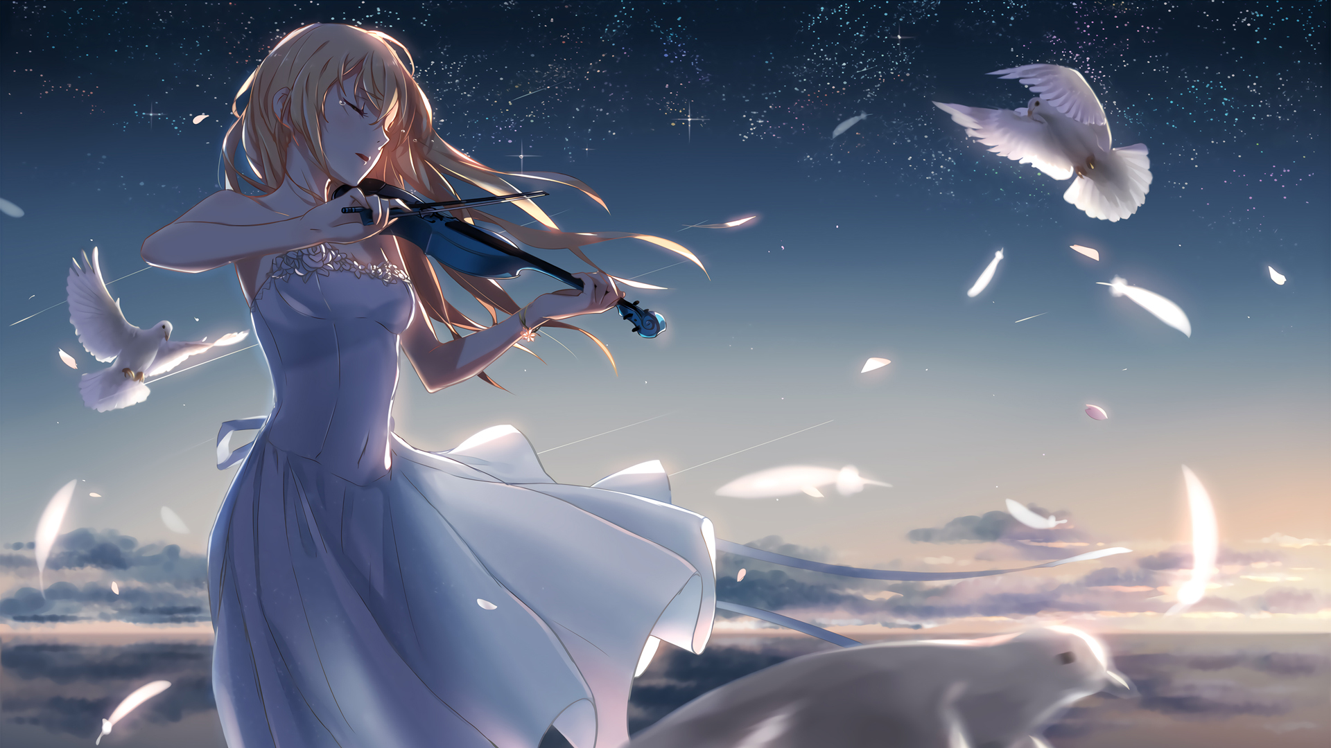星空下的少女与白鸽，唯美小提琴动漫壁纸，免费下载电脑版
