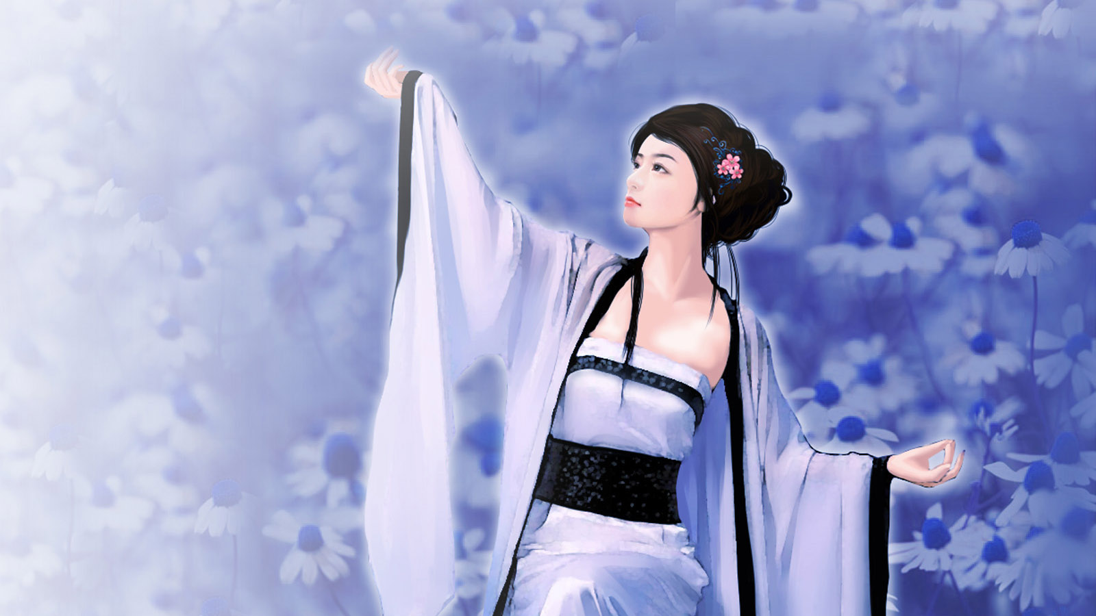 手绘古装美女桌面背景，唯美免费电脑壁纸下载