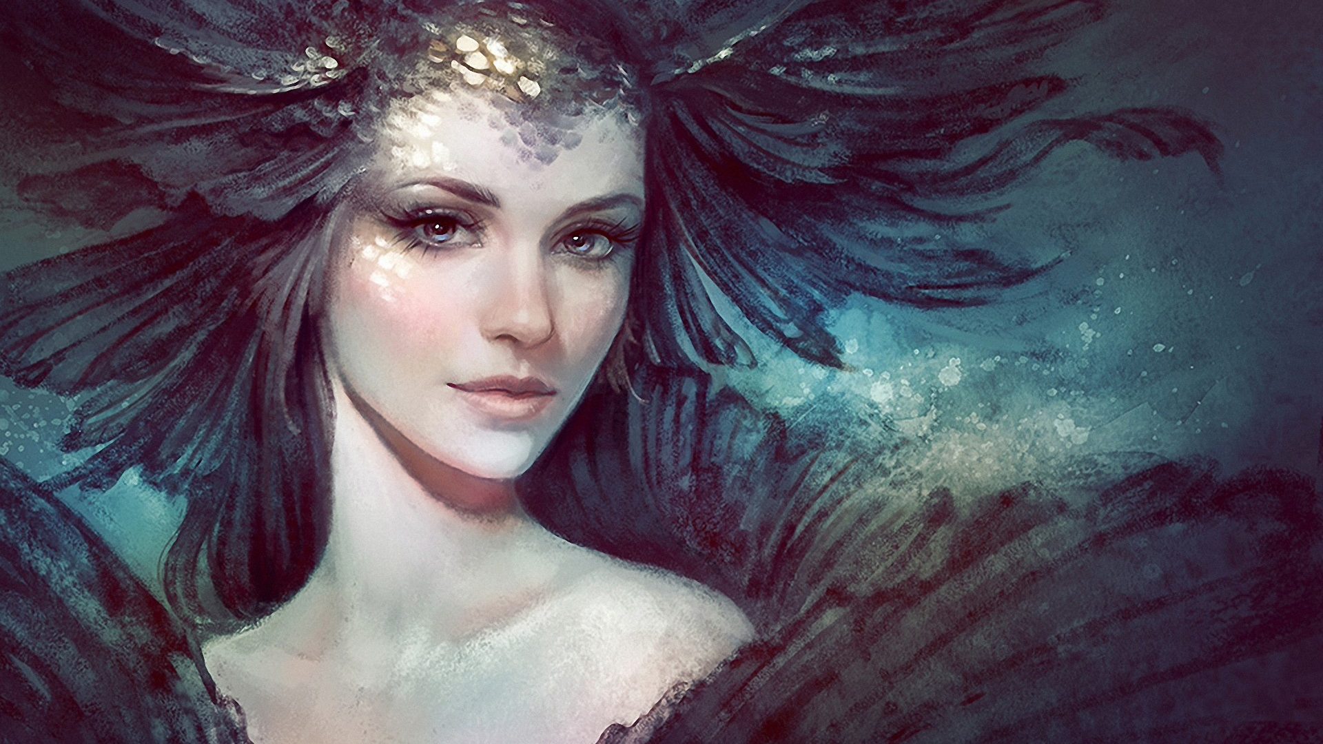唯美艺术画壁纸，长发女孩，美丽眼眸，精致面容，免费下载电脑背景