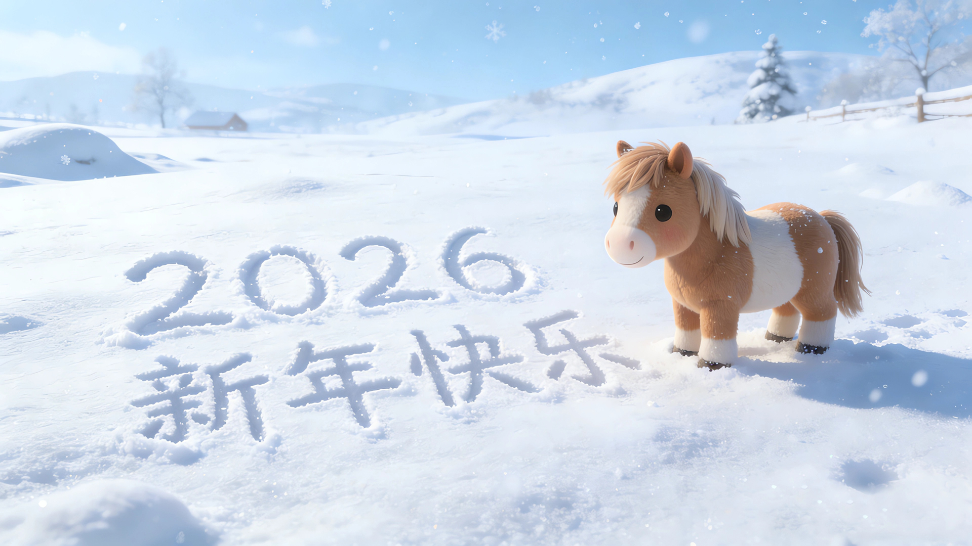 2026新年快乐冬天雪地可爱小马节日免费电脑壁纸下载