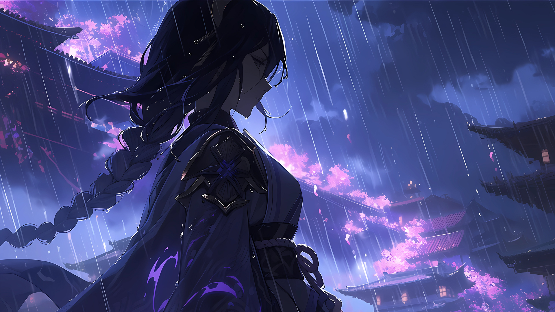 原神，雷电将军雨天动漫壁纸，免费高清电脑桌面背景下载