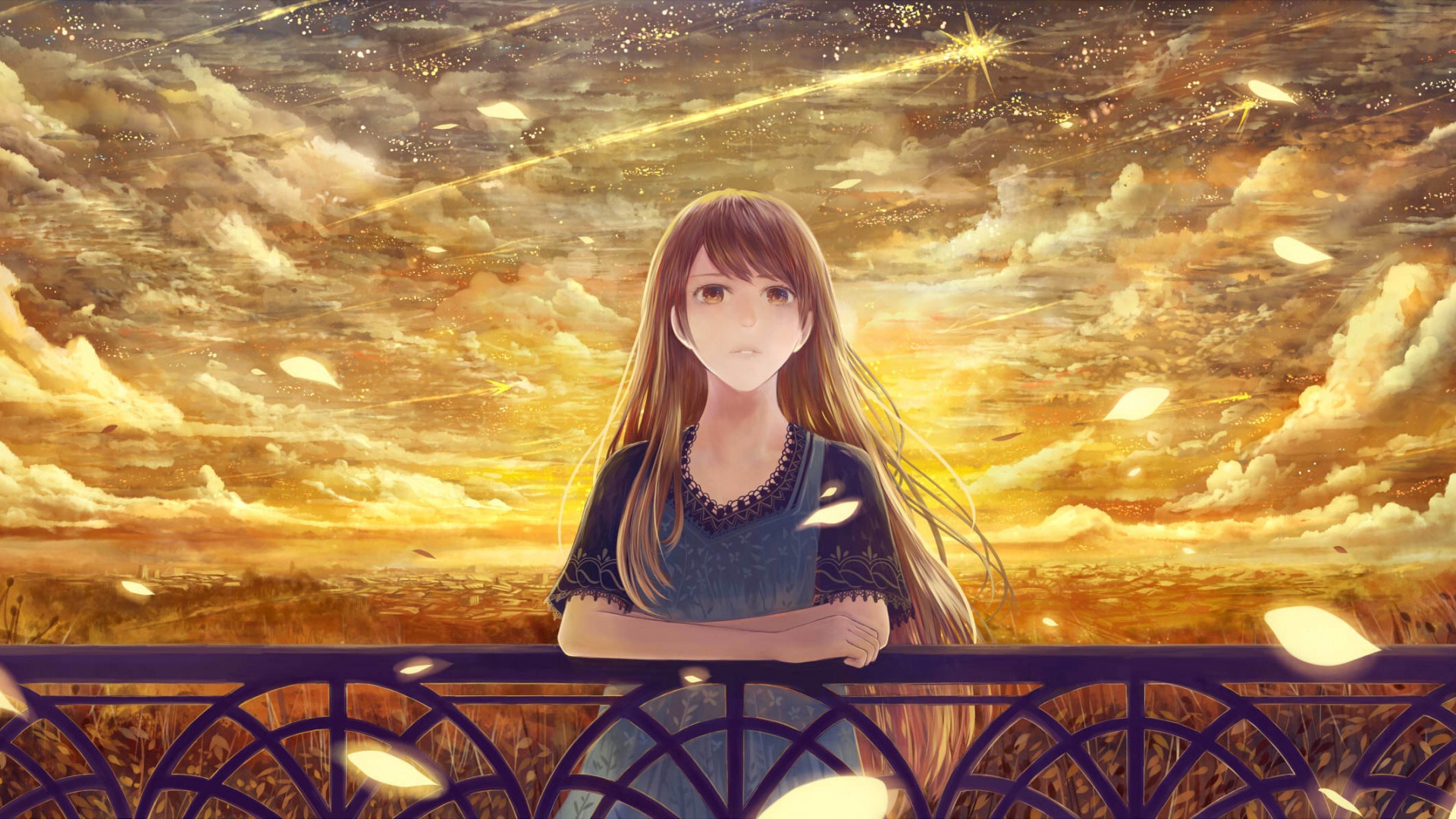 女孩倚栏赏云，花瓣飘落——动漫桌面壁纸免费下载