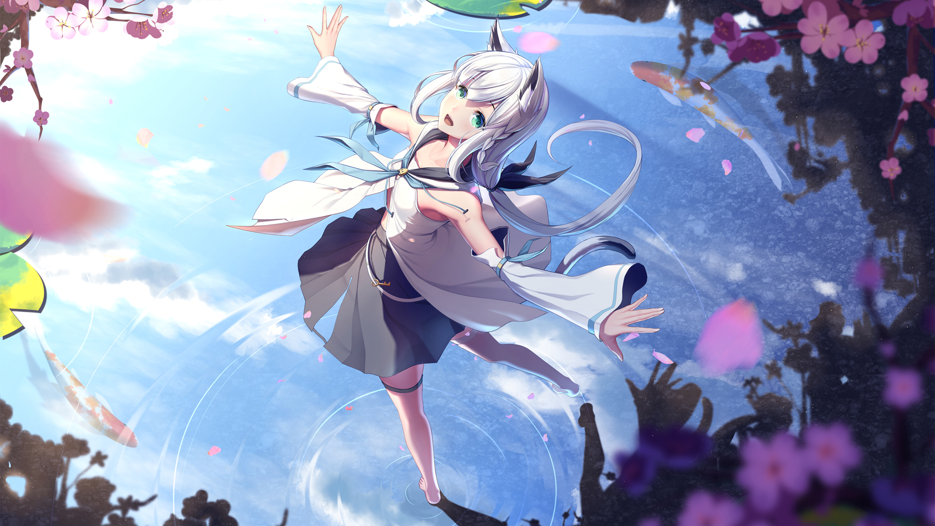 旋转狐白上吹雪，樱花舞动的可爱少女，动漫壁纸免费下载