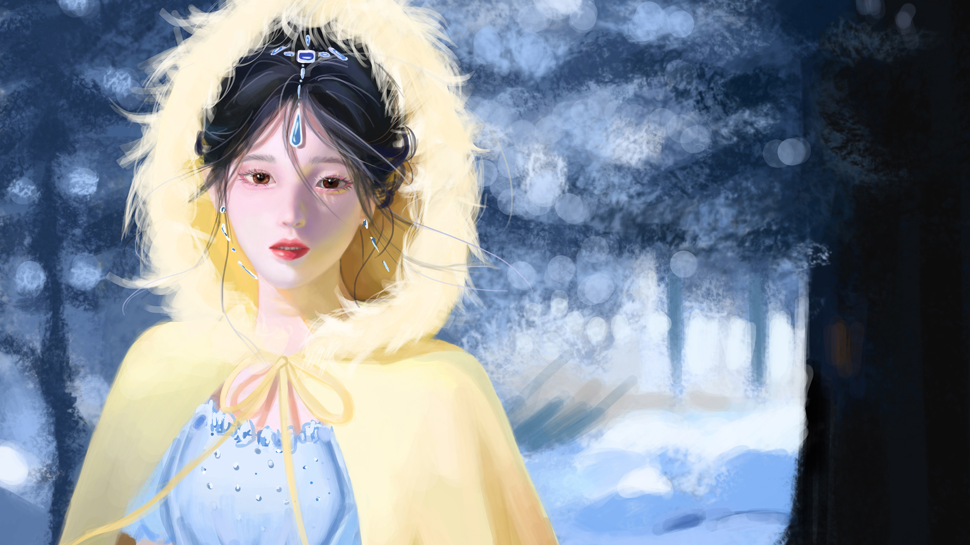 巴图BaTu原创，雪地公主蓝裙披风厚涂动漫壁纸，免费下载电脑版