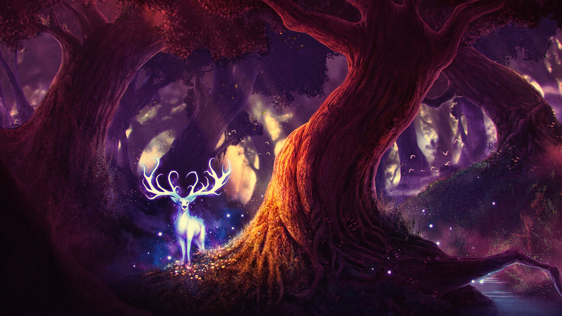 黑暗森林 鹿 精灵 唯美梦幻风景壁纸