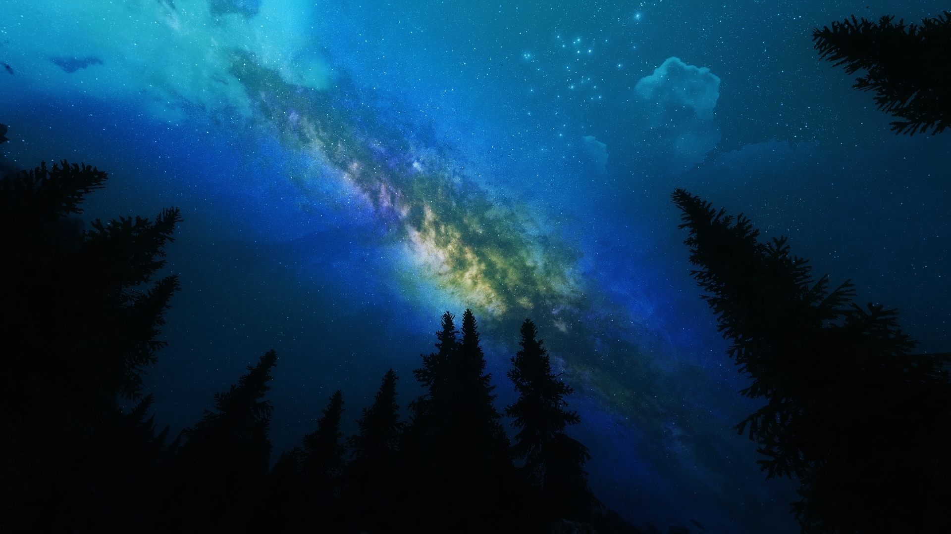 银河系星光璀璨，夜晚森林天空渲染绝美风景，免费电脑桌面壁纸下载