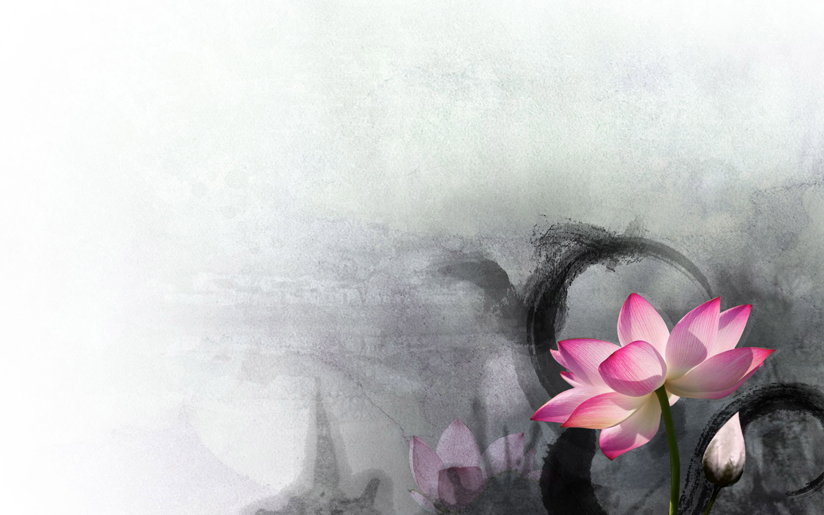 唯美莲花水墨画电脑壁纸，免费高清下载