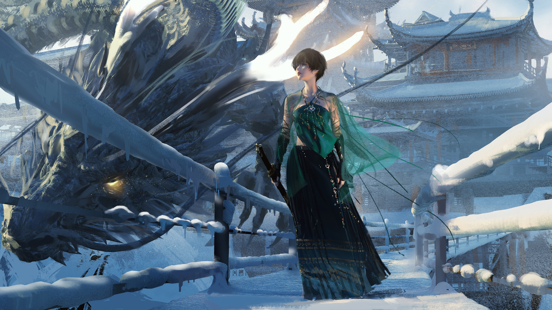 龙雪古风，小绿鬼刀动漫壁纸，高清免费下载，古风建筑电脑壁纸精选