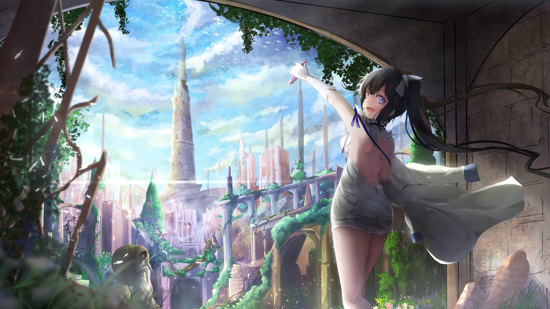 danmachi，赫斯提亚，女神画面，美少女，向往，微笑，天空，动漫壁纸
