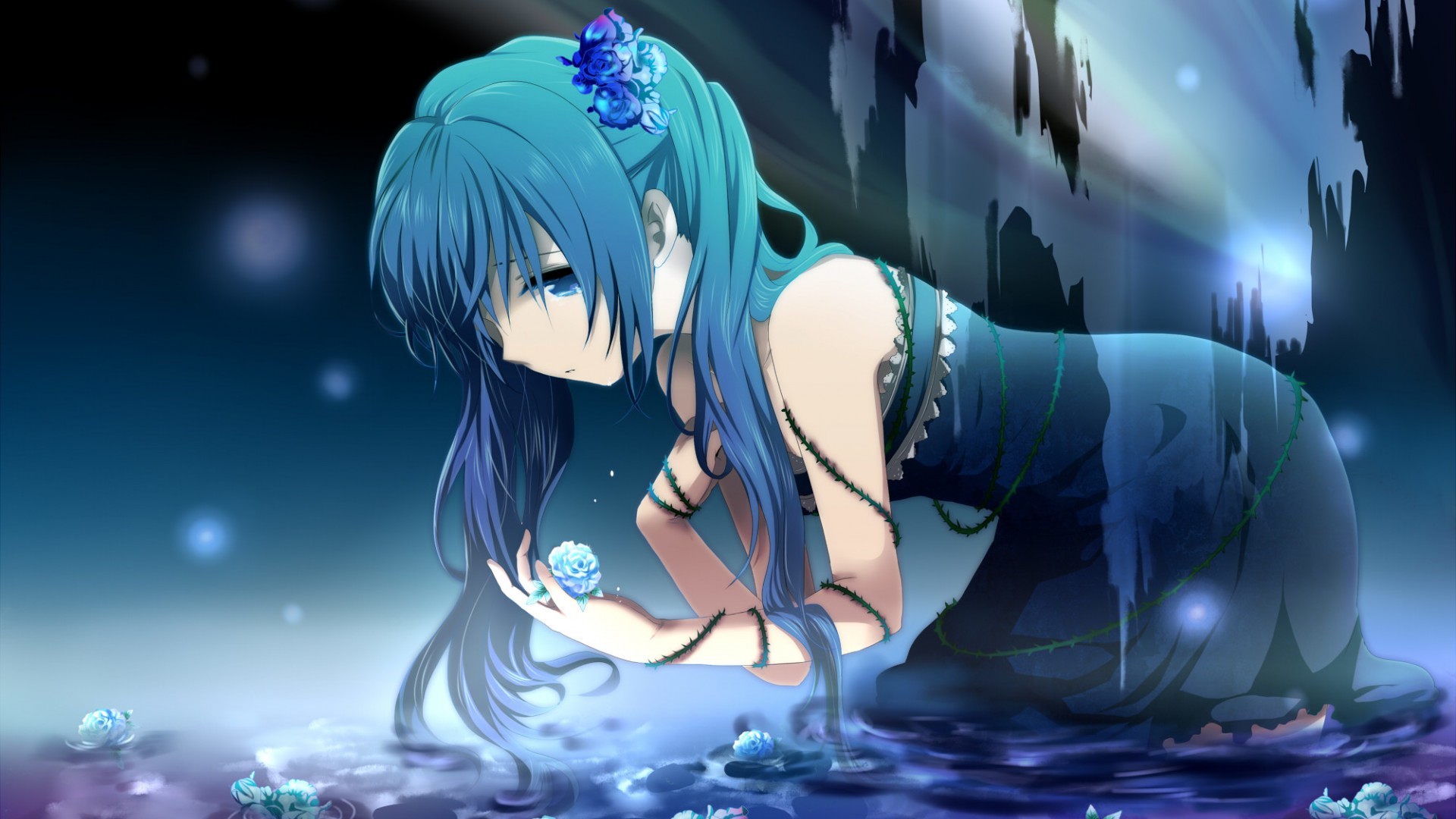 初音未来水中花幻境，唯美动漫桌面壁纸，免费下载尽享女孩魅力
