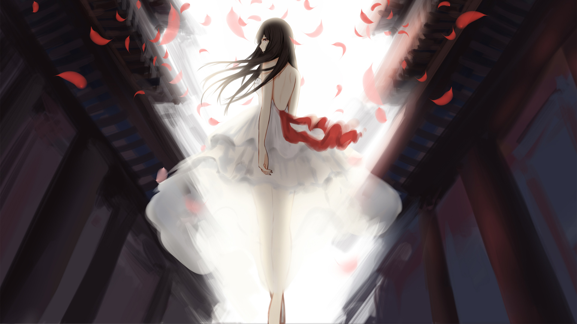 女生白裙花瓣插画，唯美动漫壁纸，免费电脑桌面背景下载