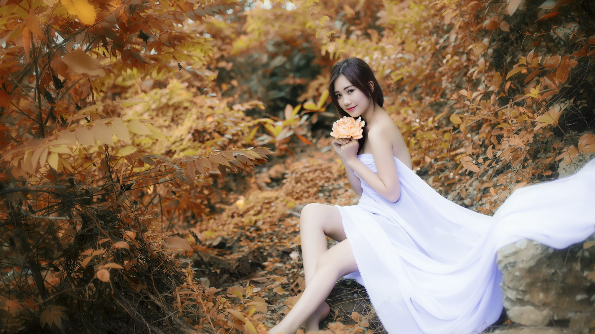 清纯美女自然照，白色长裙飘逸唯美，花簇环绕，免费高清壁纸下载