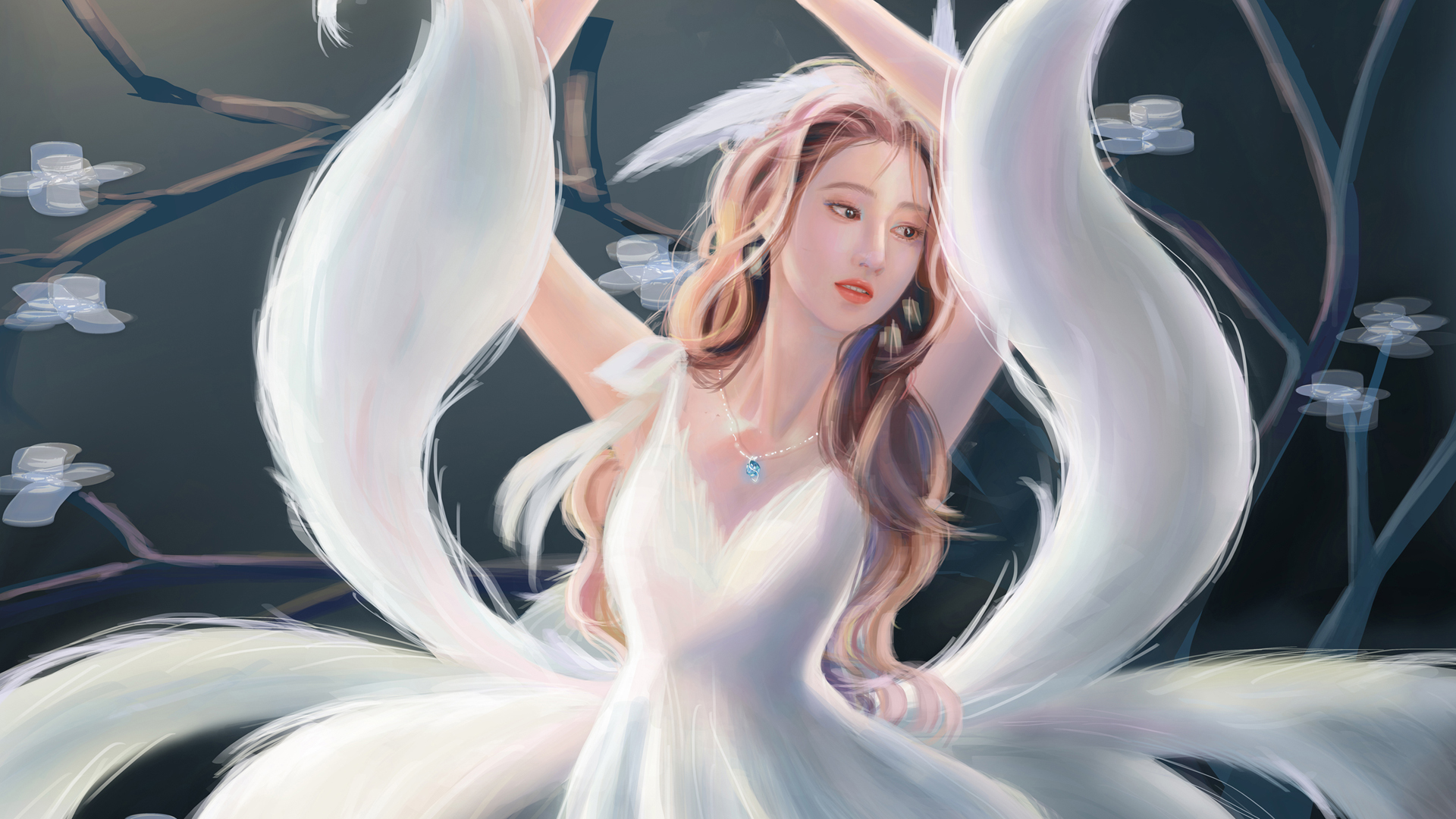 九尾狐仙美女，唯美厚涂画风动漫壁纸，免费下载电脑版