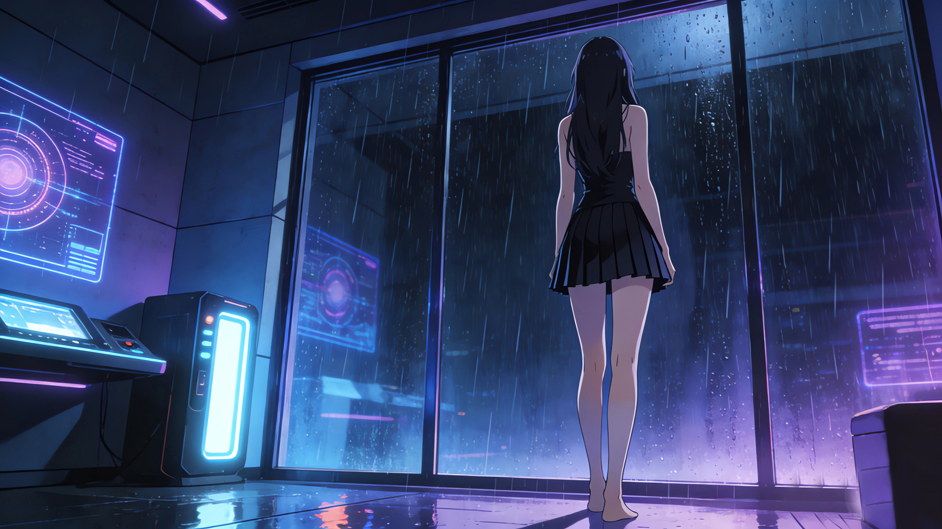 赛博朋克雨天房间长发美女背影望向窗外动漫免费电脑壁纸下载