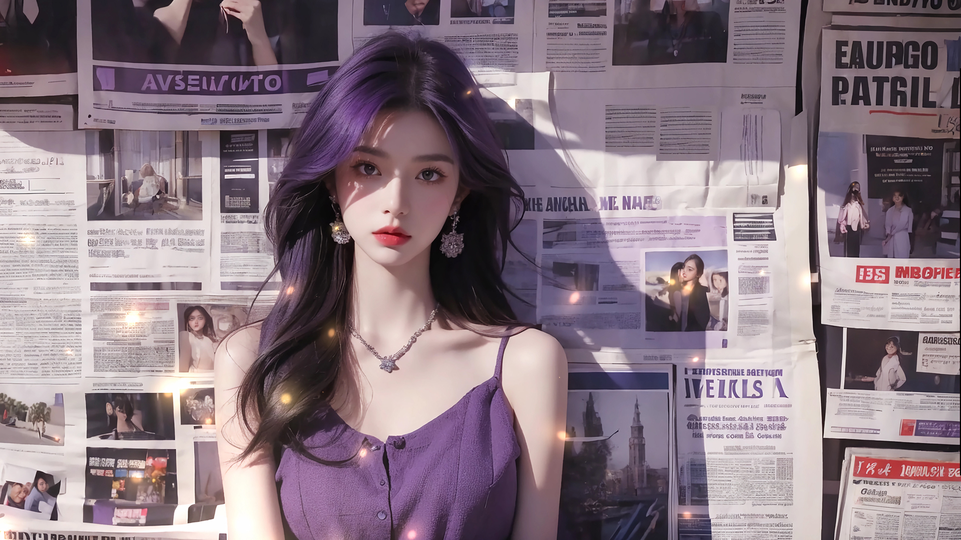 动漫紫色长发美女壁纸2560x1600高清下载，报纸墙风格免费电脑壁纸