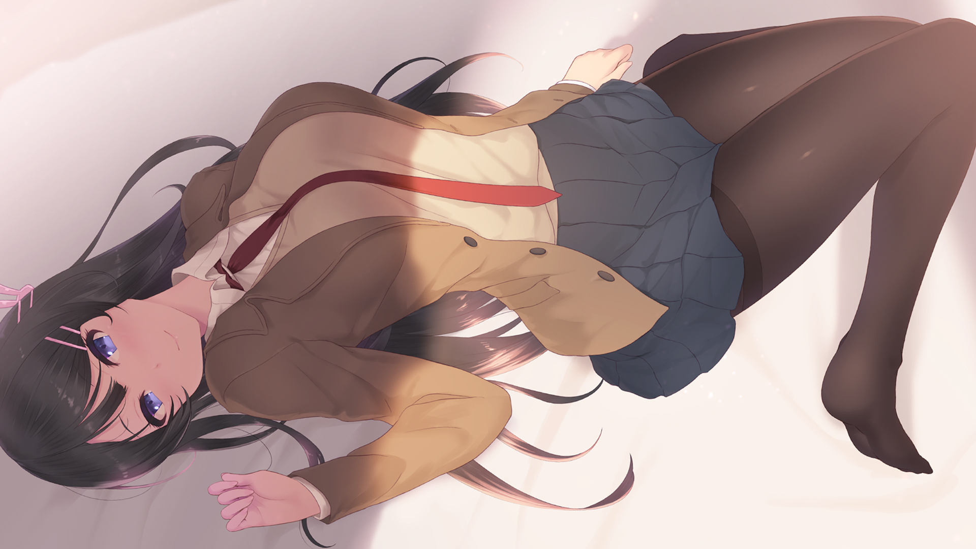 樱岛麻衣 黑裤袜 仰臥 制服 樱岛麻衣高清壁纸