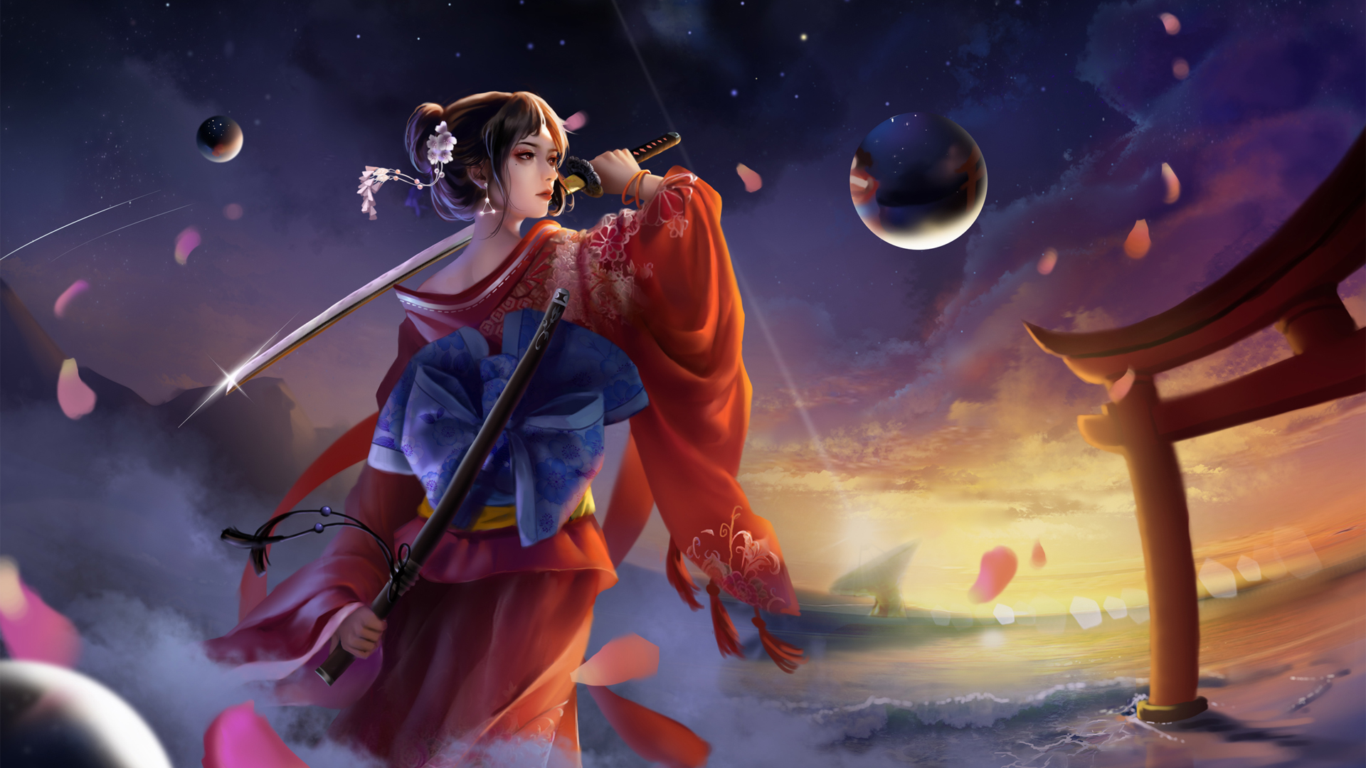 三体智子，红色和服武士刀动漫风壁纸，免费电脑壁纸高清下载