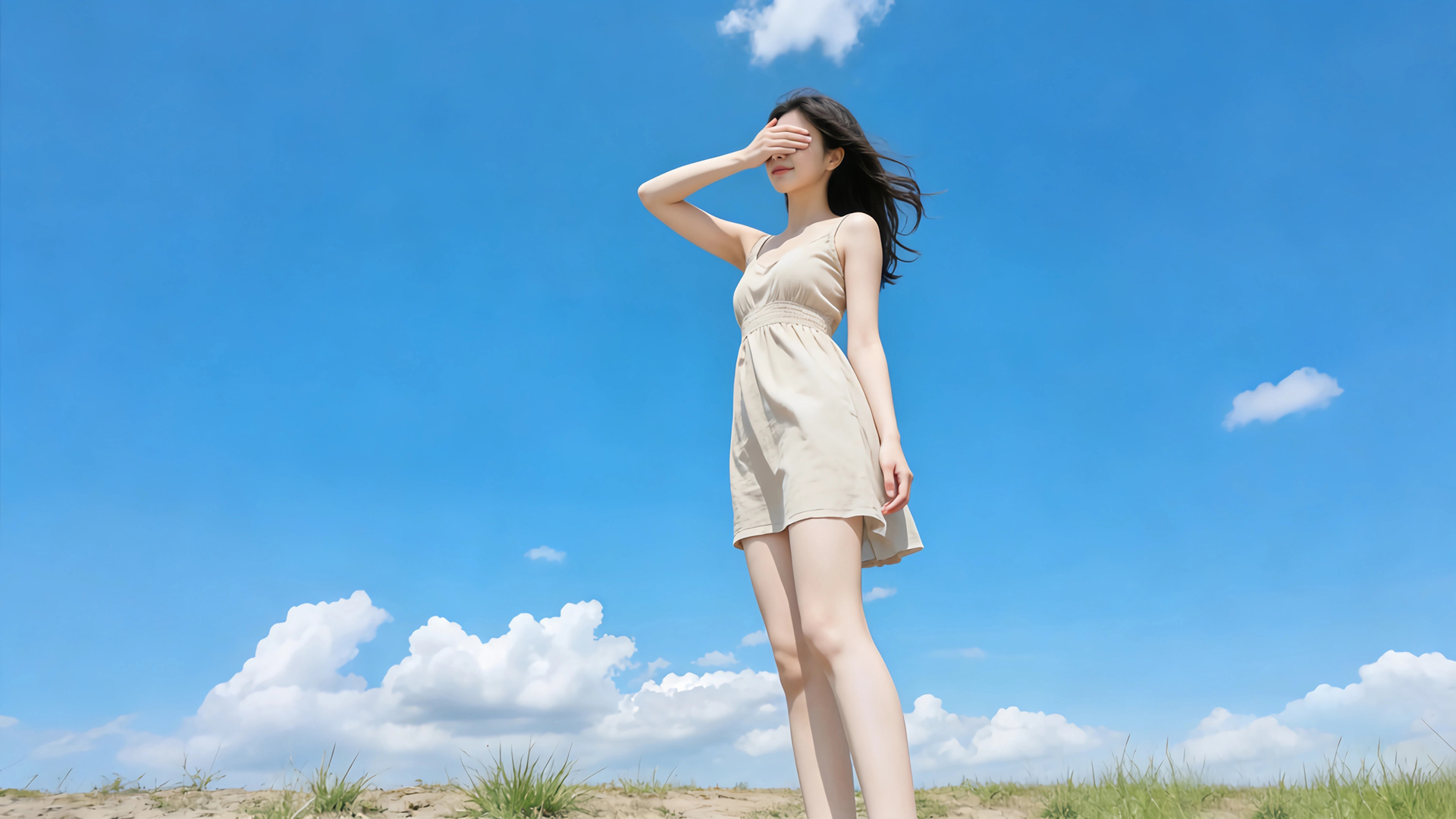 蓝天白云下蒙眼小清新美女免费电脑壁纸下载